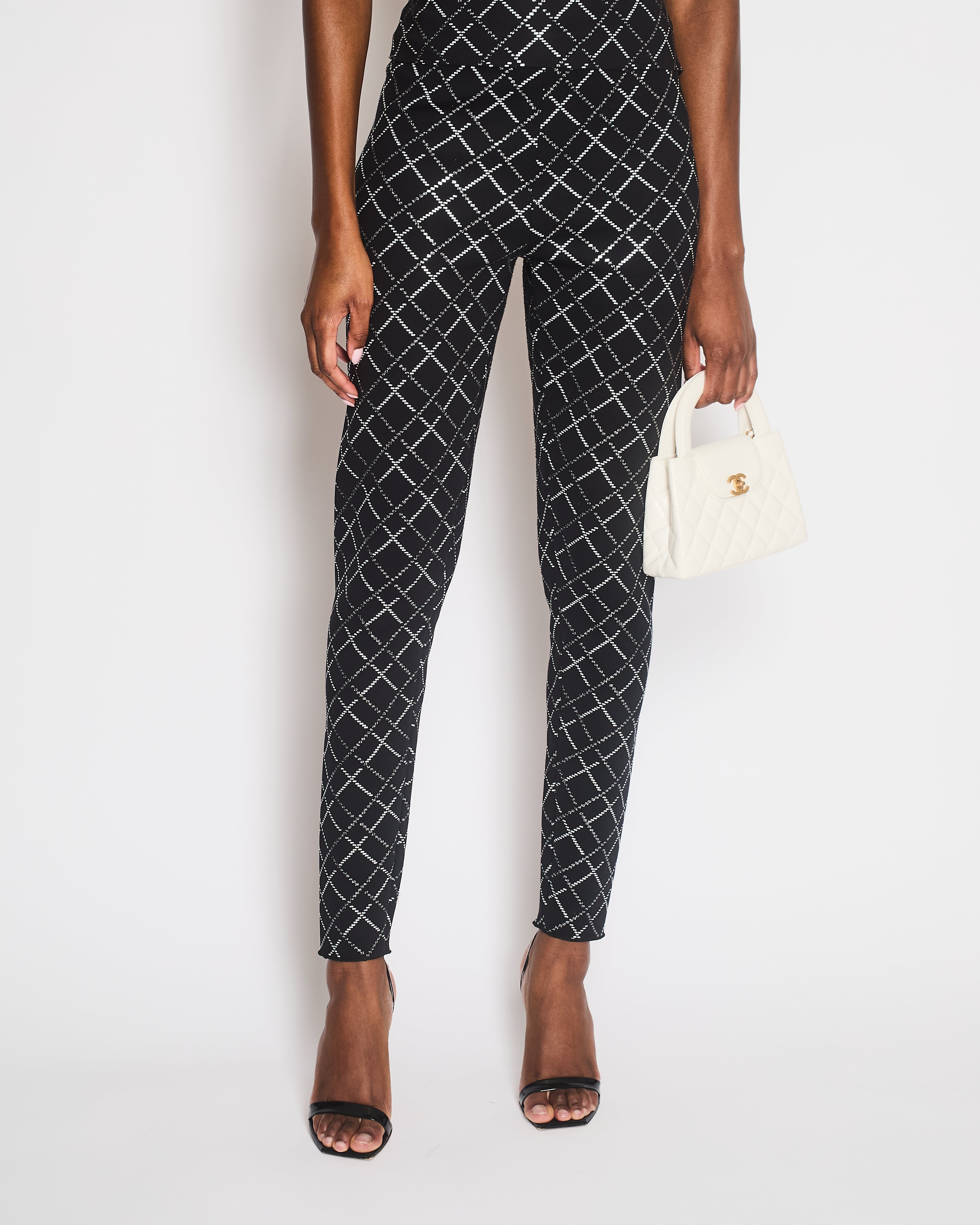 Chanel 20C Black Quilt Glittered Thin Strap Top and Leggings with Black and White CC Logo Detail Size FR 42 (UK 14)