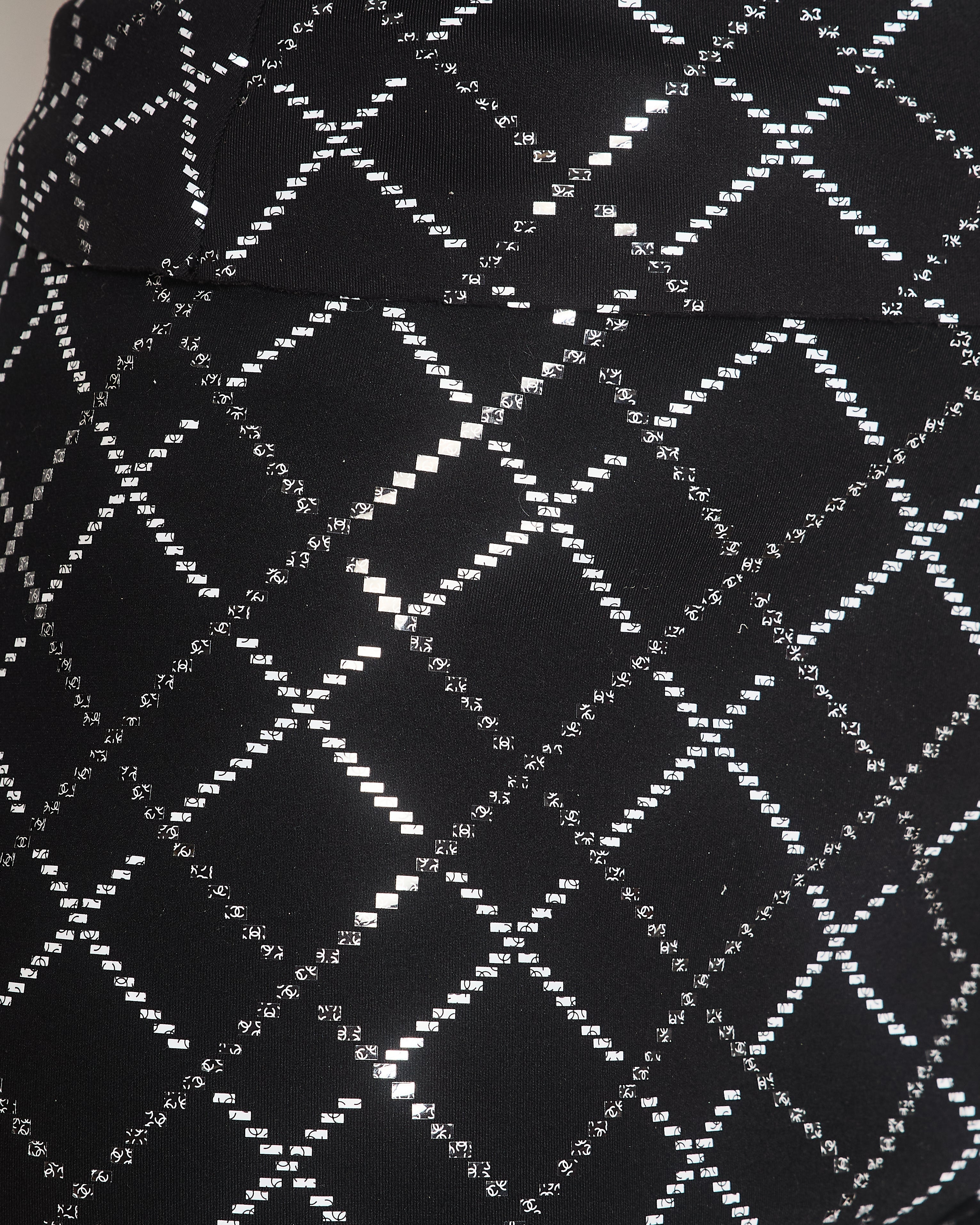 Chanel 20C Black Quilt Glittered Thin Strap Top and Leggings with Black and White CC Logo Detail Size FR 42 (UK 14)
