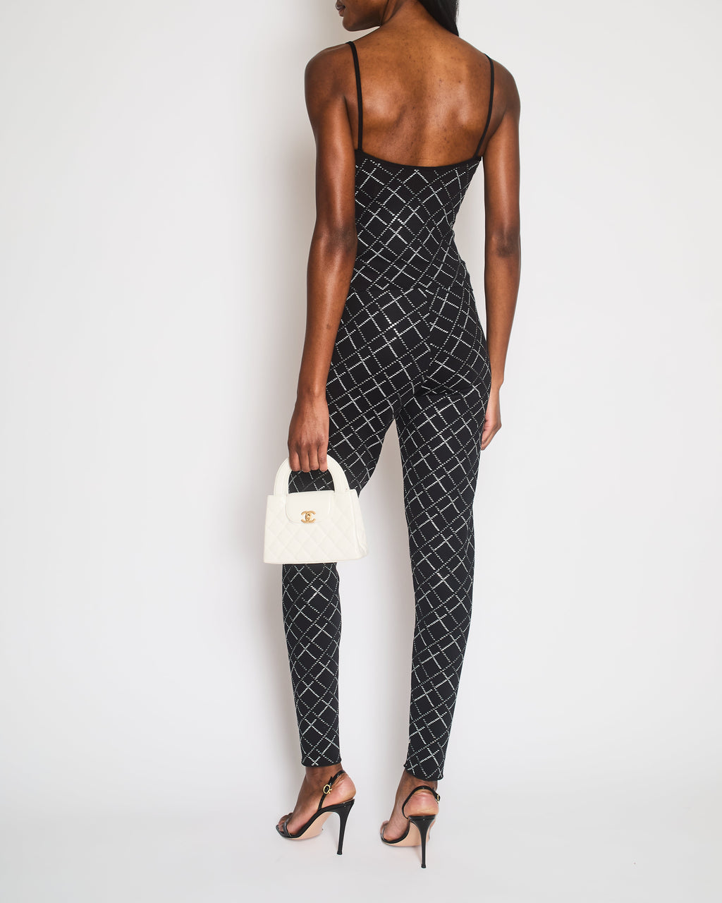 Chanel 20C Black Quilt Glittered Thin Strap Top and Leggings with Black and White CC Logo Detail Size FR 42 (UK 14)