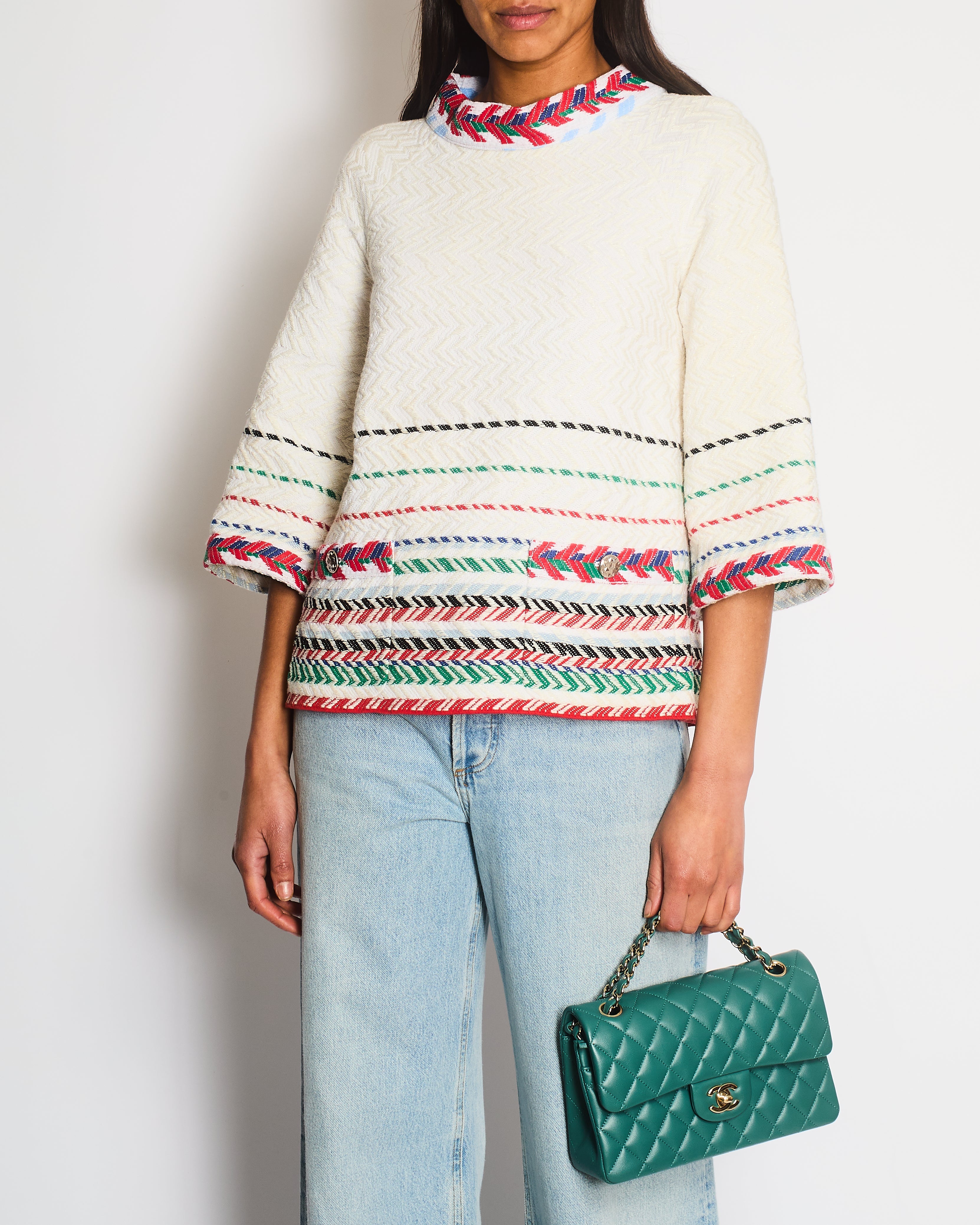 Chanel 16/S White Tweed Chevron Short Sleeve Top with Silver Botton Detail FR 38 Size UK 8