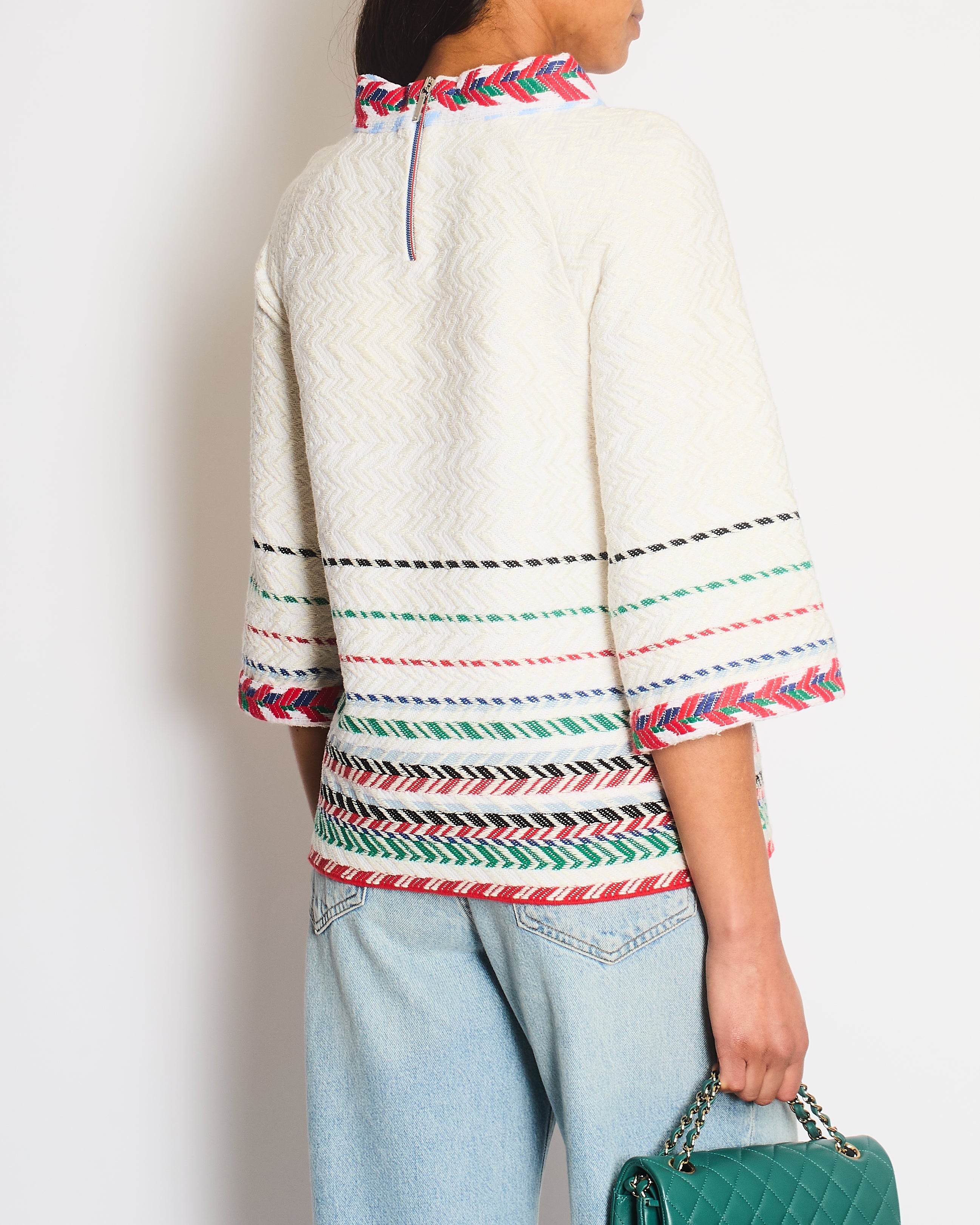 Chanel 16/S White Tweed Chevron Short Sleeve Top with Silver Botton Detail FR 38 Size UK 8