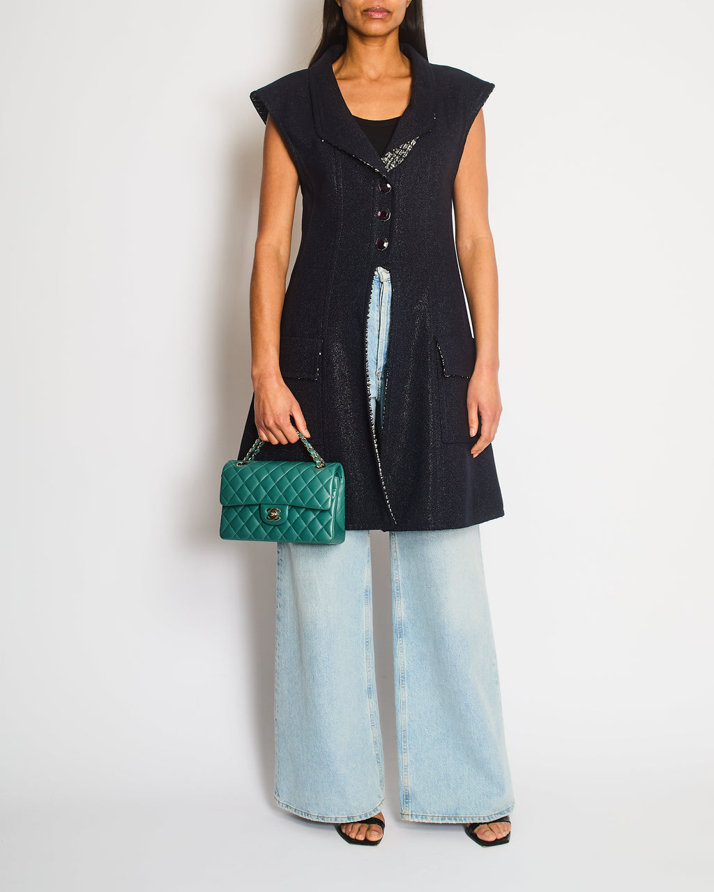 Chanel 12K Navy Sleeveless Gilet Dress with Pocket, Tweed and CC Hexagon Buttons Size FR 38 (UK 10)