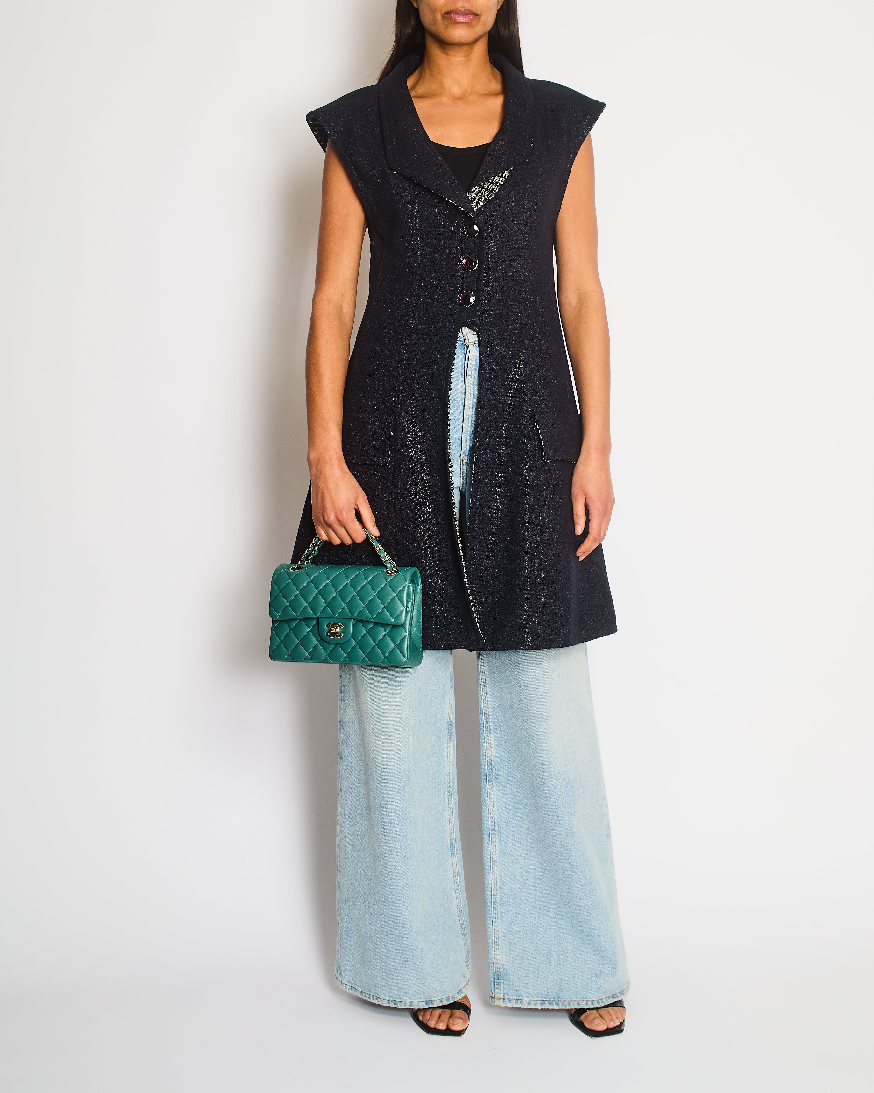 Chanel 12K Navy Sleeveless Gilet Dress with Pocket, Tweed and CC Hexagon Buttons Size FR 38 (UK 10)