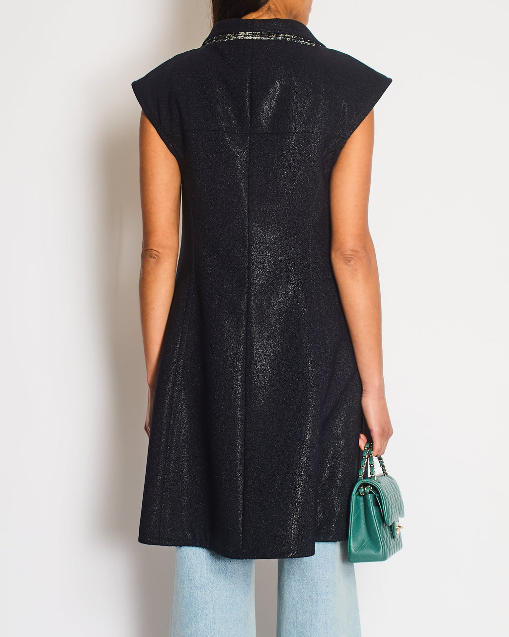 Chanel 12K Navy Sleeveless Gilet Dress with Pocket, Tweed and CC Hexagon Buttons Size FR 38 (UK 10)