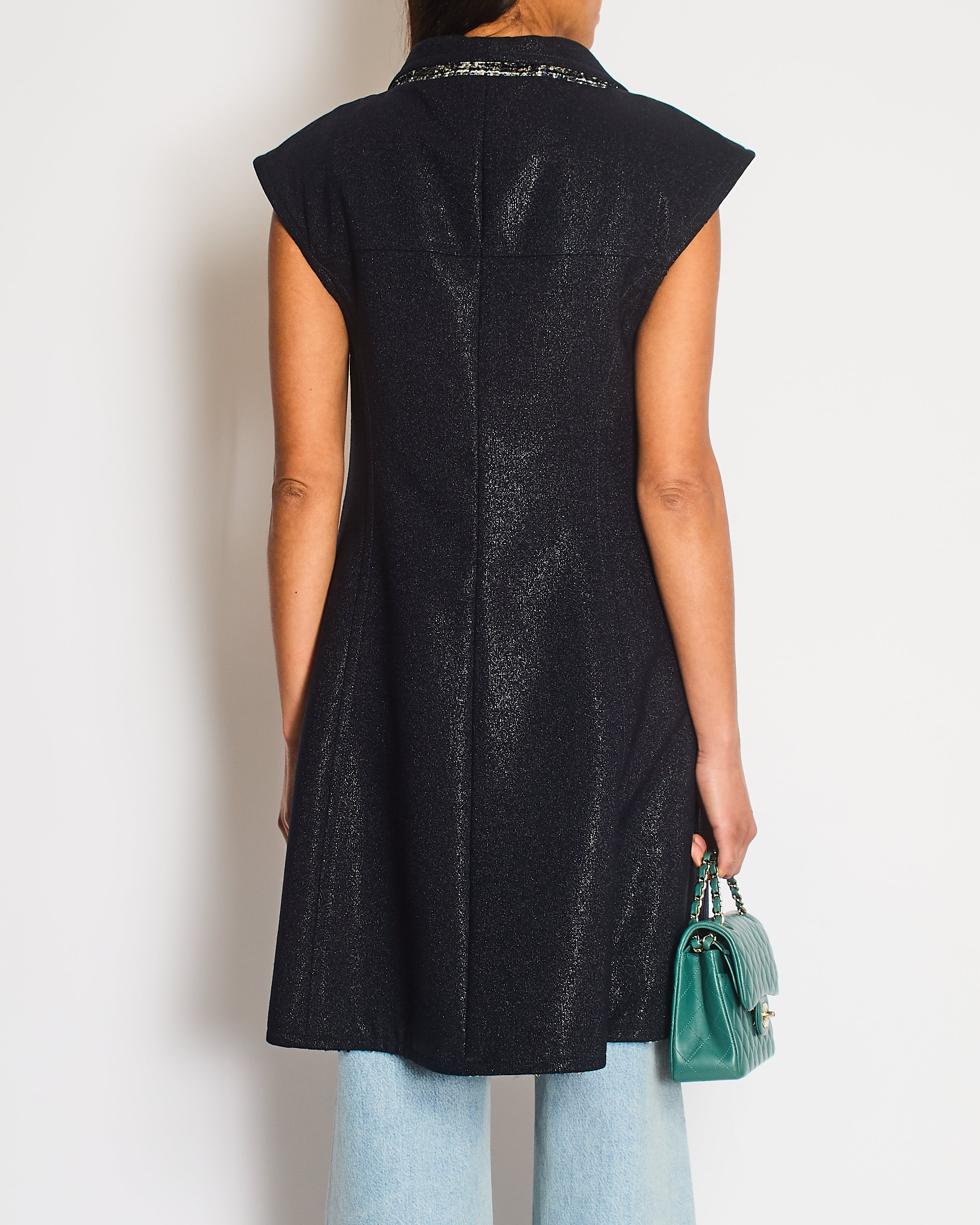 Chanel 12K Navy Sleeveless Gilet Dress with Pocket, Tweed and CC Hexagon Buttons Size FR 38 (UK 10)