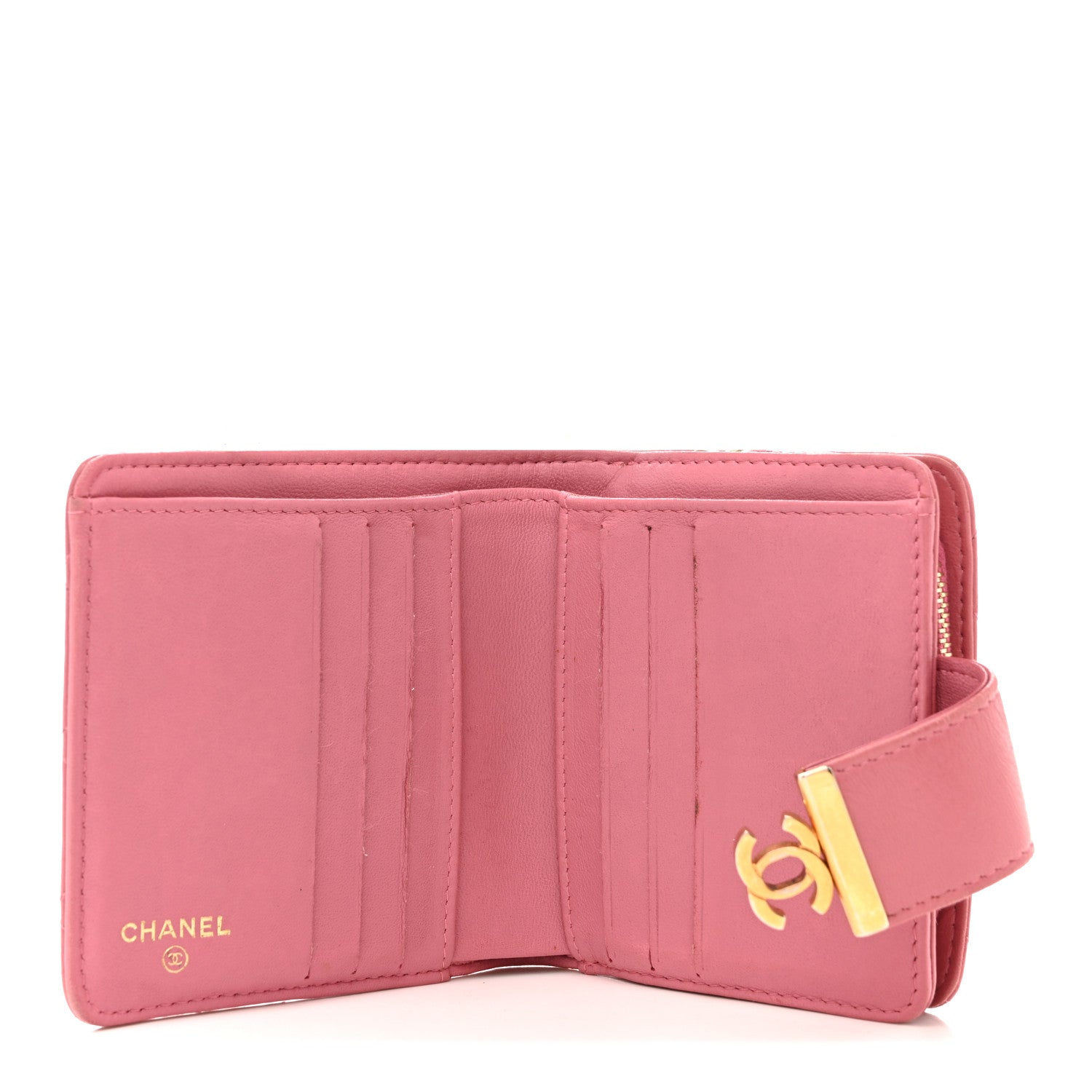 Calfskin Quilted Zip Around Bifold Wallet Pink