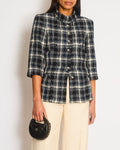 Chanel 18S Navy, White and Black Check Tweed Cropped Jacket with Cropped Sleeves and Clear Pearl Logo Buttons Size FR 36 (UK 8)
