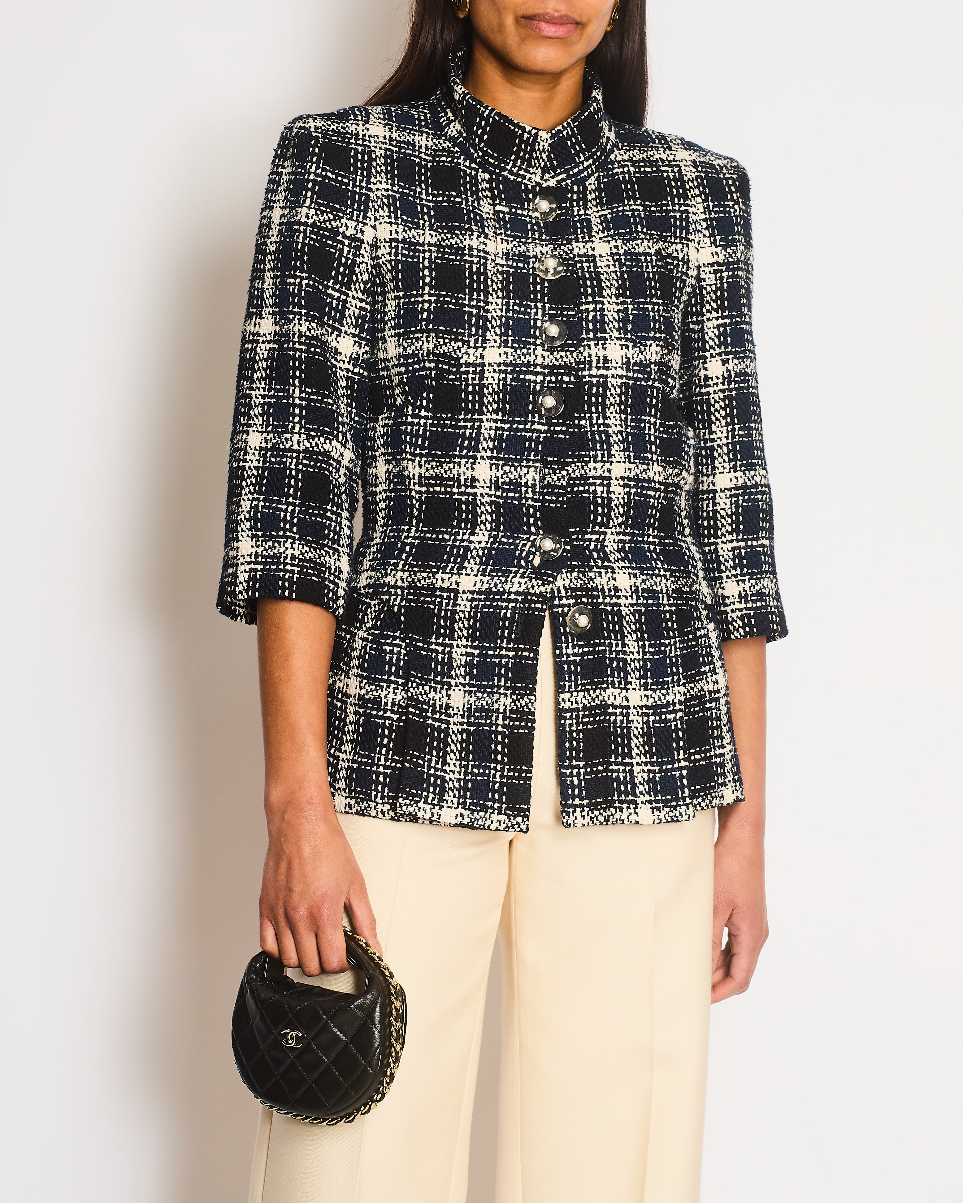 Chanel 18S Navy, White and Black Check Tweed Cropped Jacket with Cropped Sleeves and Clear Pearl Logo Buttons Size FR 36 (UK 8)