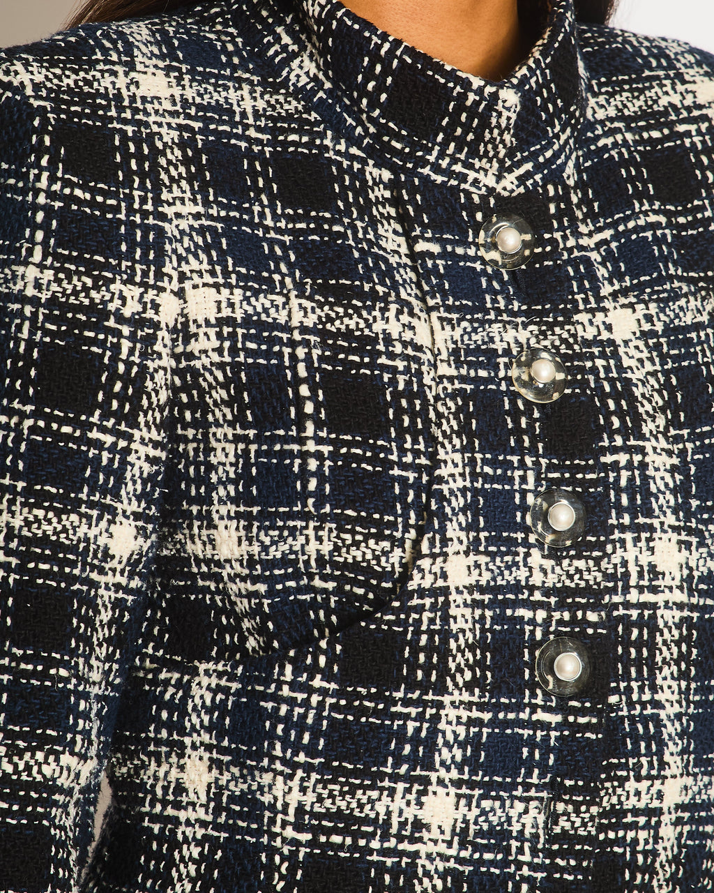 Chanel 18S Navy, White and Black Check Tweed Cropped Jacket with Cropped Sleeves and Clear Pearl Logo Buttons Size FR 36 (UK 8)