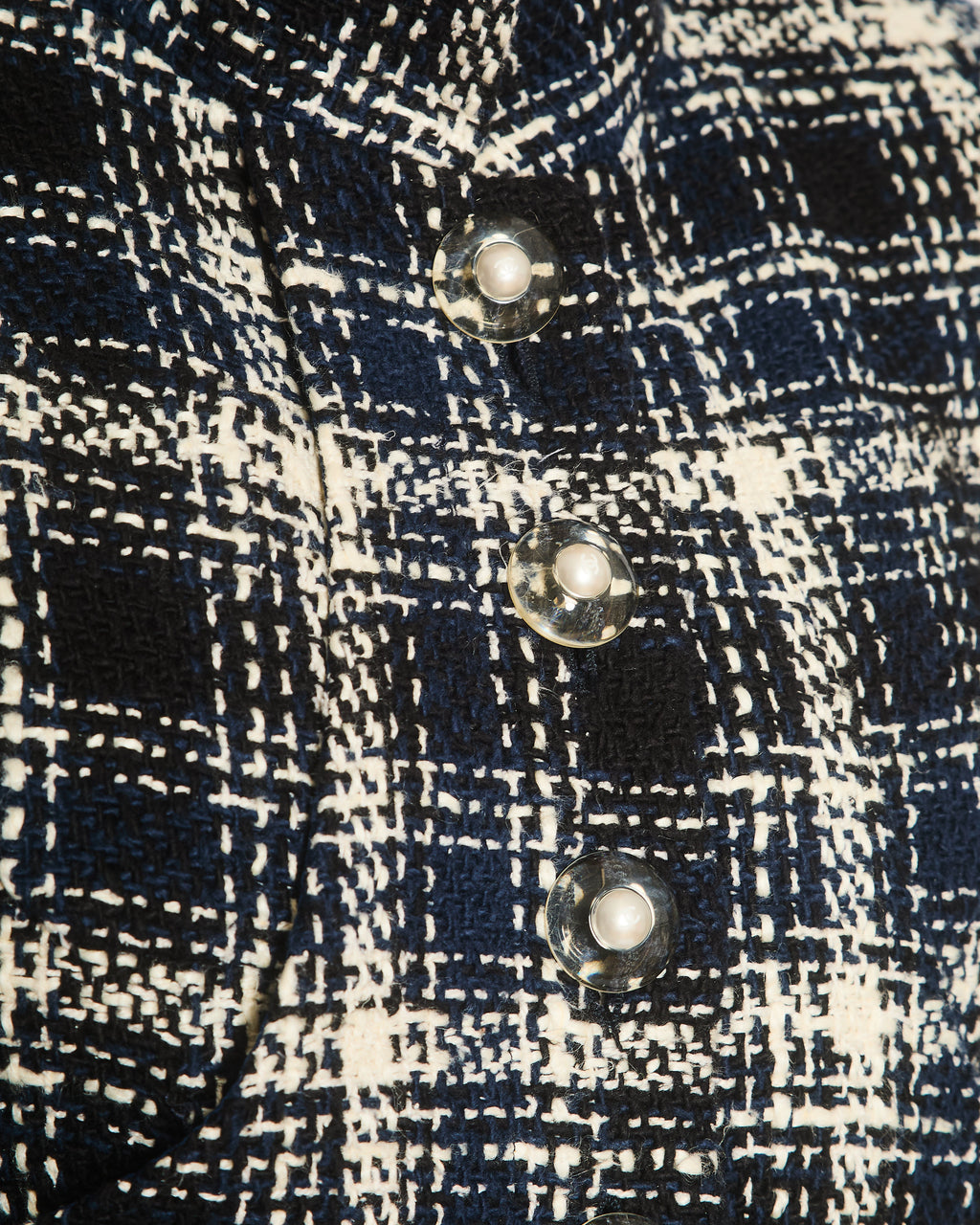 Chanel 18S Navy, White and Black Check Tweed Cropped Jacket with Cropped Sleeves and Clear Pearl Logo Buttons Size FR 36 (UK 8)