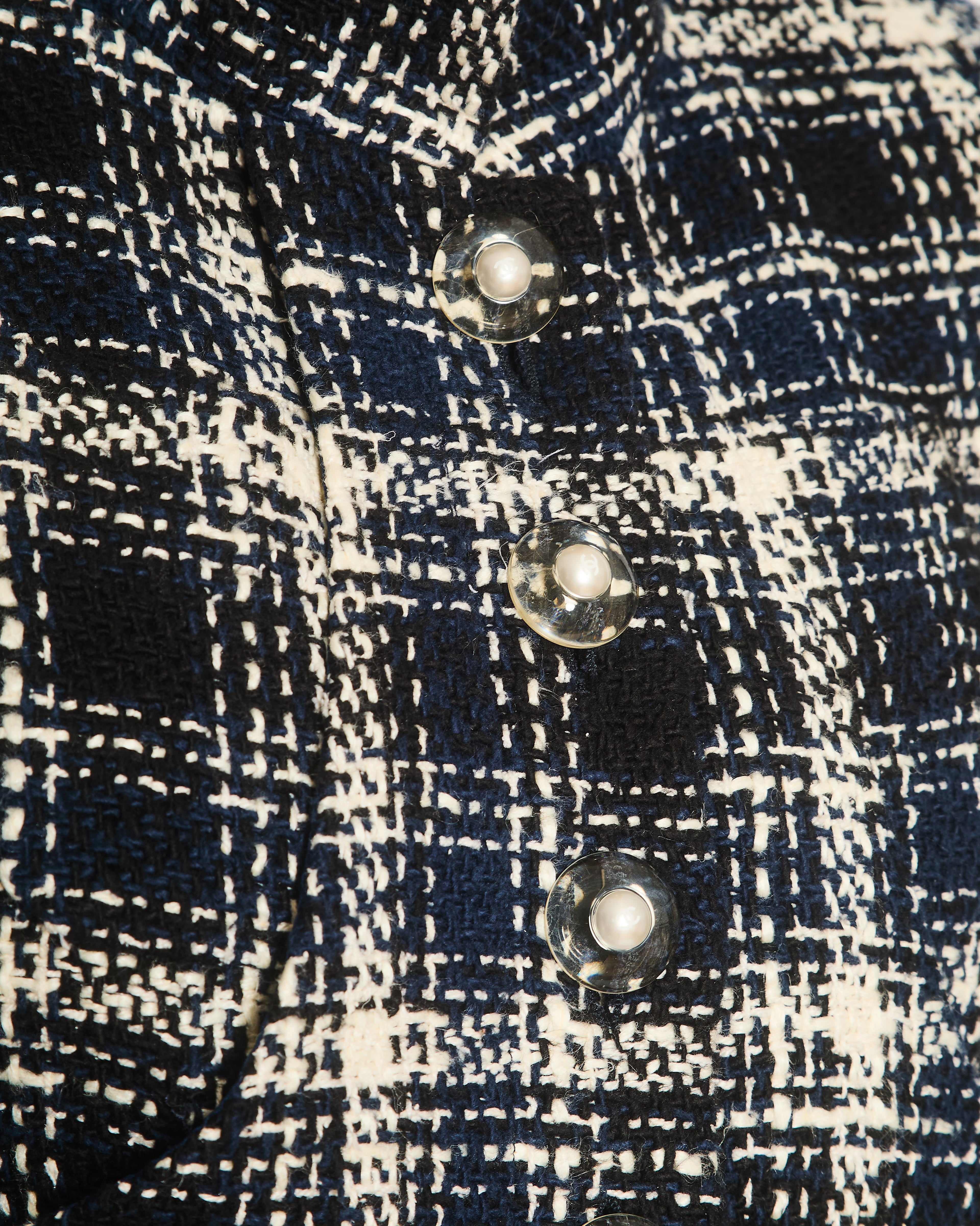Chanel 18S Navy, White and Black Check Tweed Cropped Jacket with Cropped Sleeves and Clear Pearl Logo Buttons Size FR 36 (UK 8)