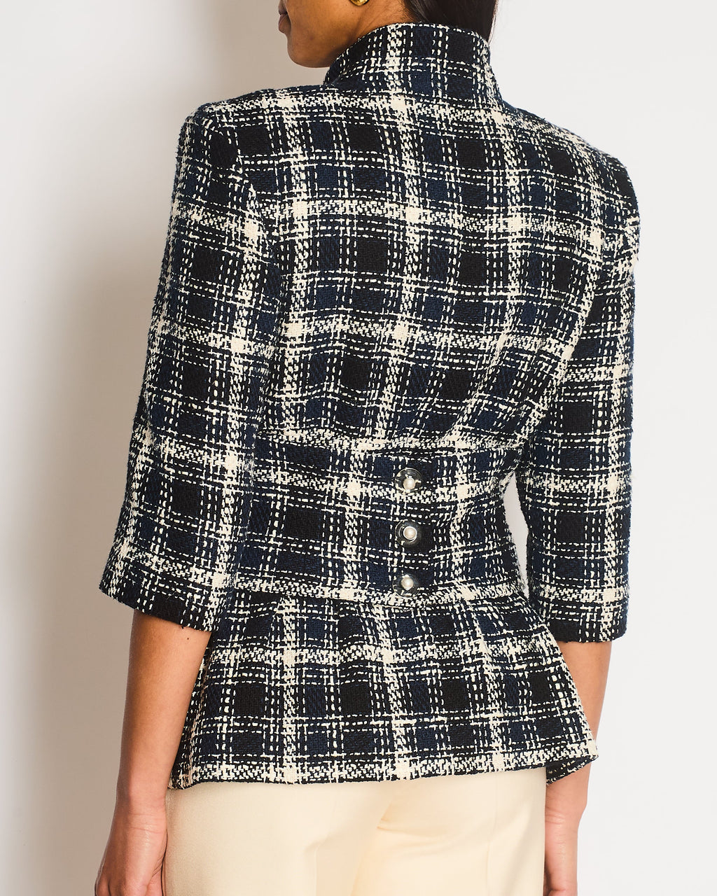 Chanel 18S Navy, White and Black Check Tweed Cropped Jacket with Cropped Sleeves and Clear Pearl Logo Buttons Size FR 36 (UK 8)