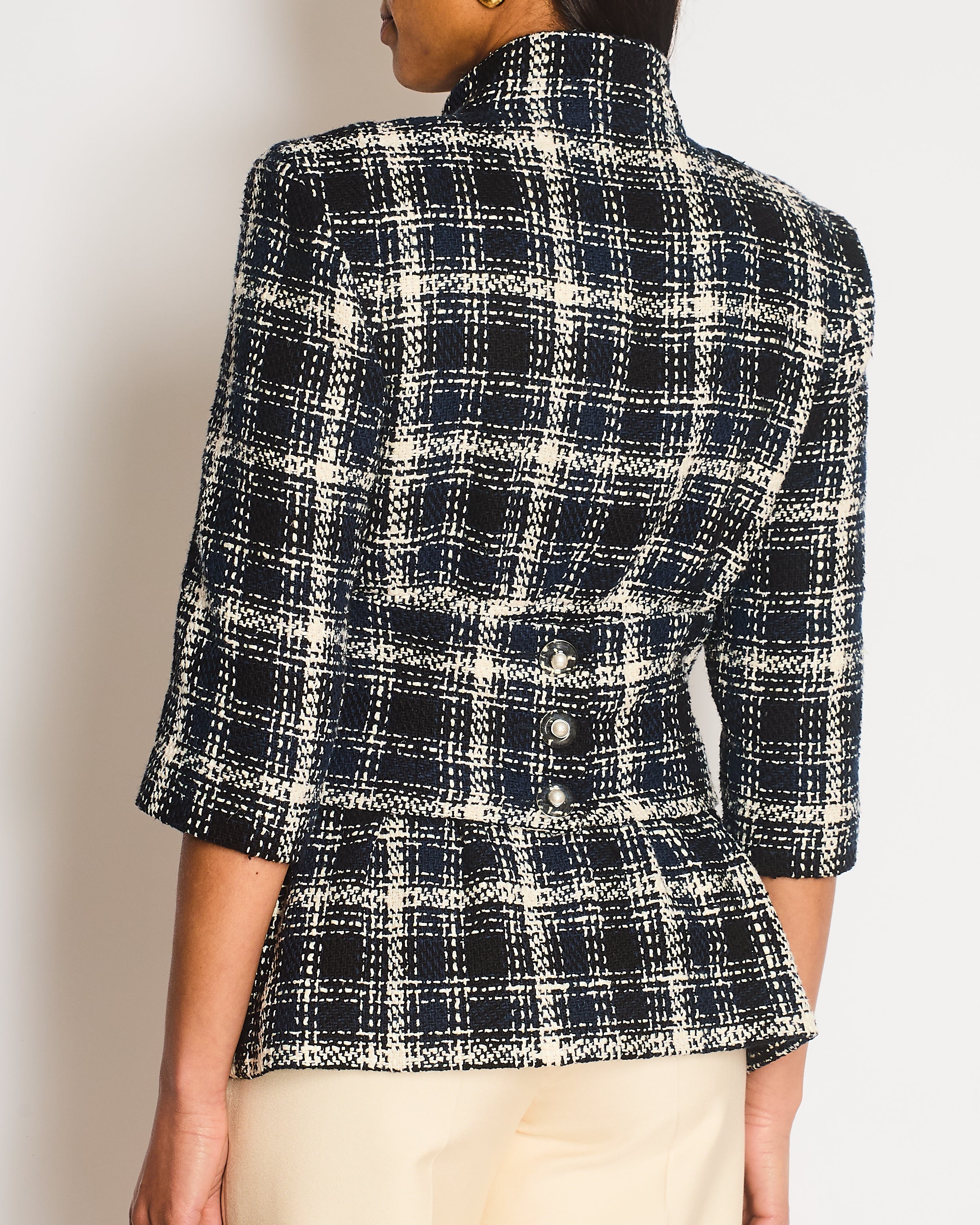 Chanel 18S Navy, White and Black Check Tweed Cropped Jacket with Cropped Sleeves and Clear Pearl Logo Buttons Size FR 36 (UK 8)