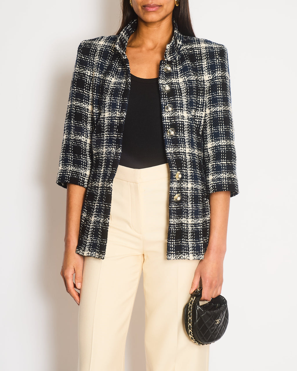 Chanel 18S Navy, White and Black Check Tweed Cropped Jacket with Cropped Sleeves and Clear Pearl Logo Buttons Size FR 36 (UK 8)