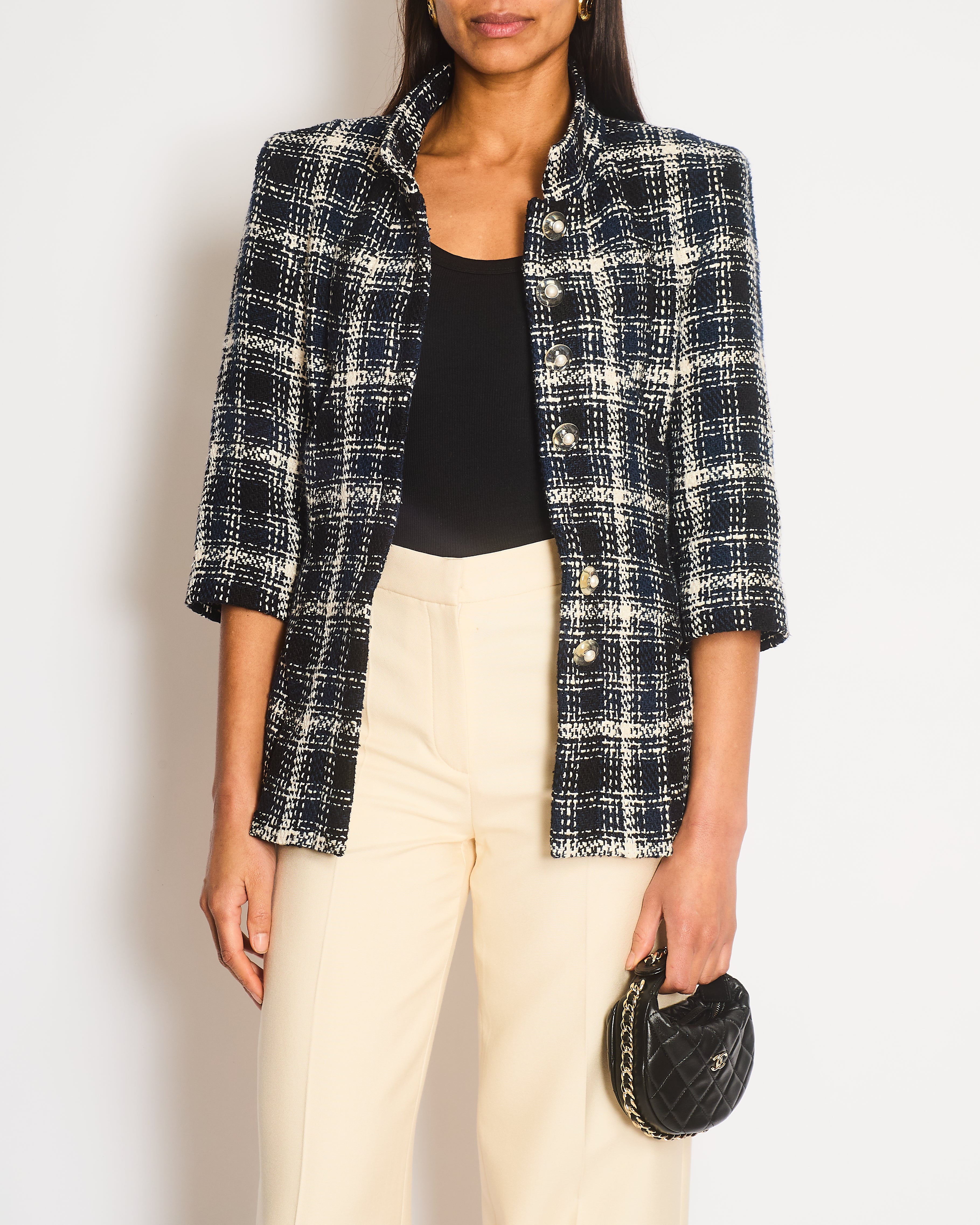Chanel 18S Navy, White and Black Check Tweed Cropped Jacket with Cropped Sleeves and Clear Pearl Logo Buttons Size FR 36 (UK 8)
