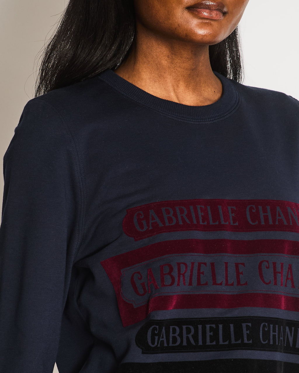 Chanel 17A Navy Crewneck Jumper with Black and Burgundy Velours Gabrielle Chanel Prints and Silver and Black CC Logo Button Detail Size FR 40 (UK 12)