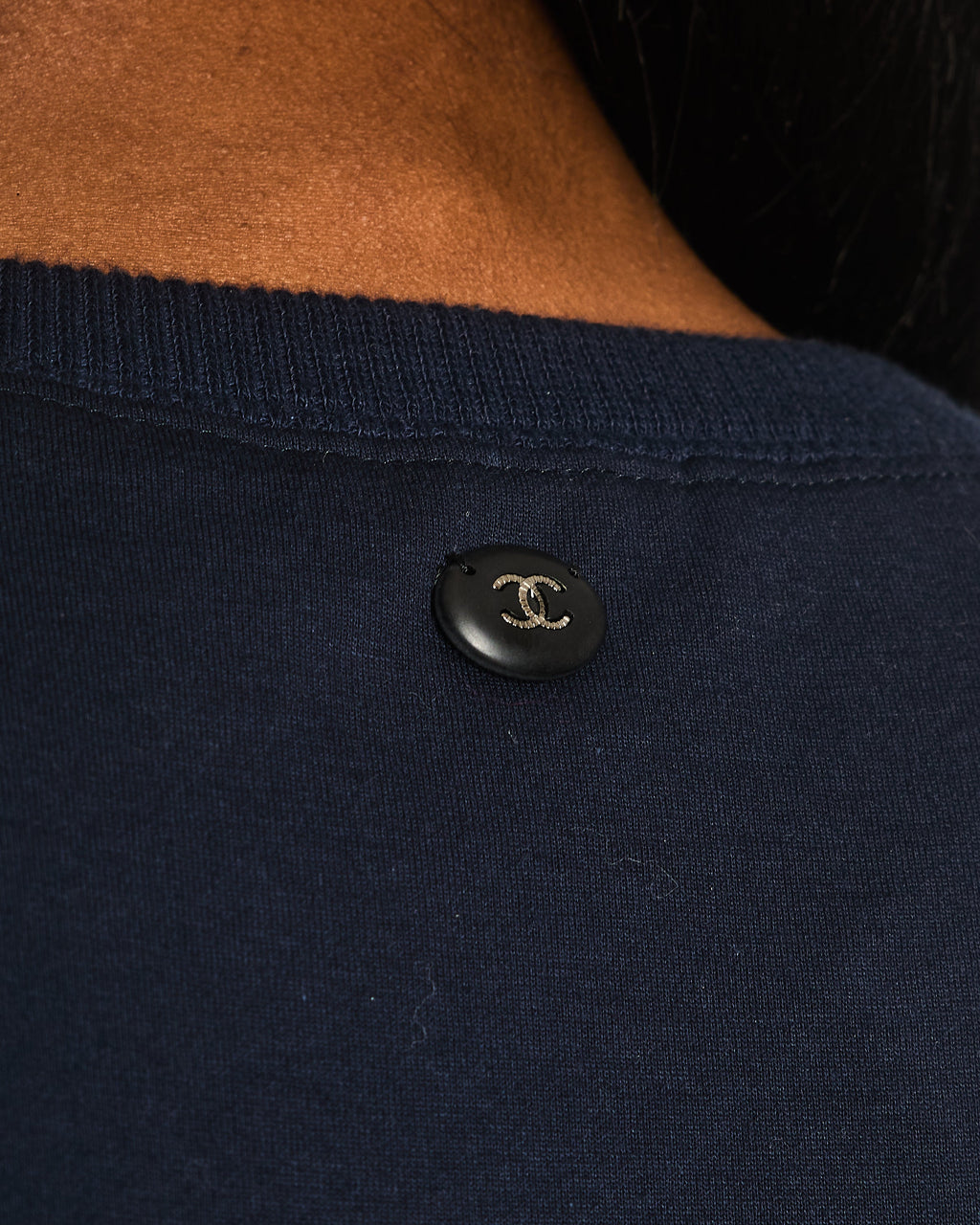 Chanel 17A Navy Crewneck Jumper with Black and Burgundy Velours Gabrielle Chanel Prints and Silver and Black CC Logo Button Detail Size FR 40 (UK 12)