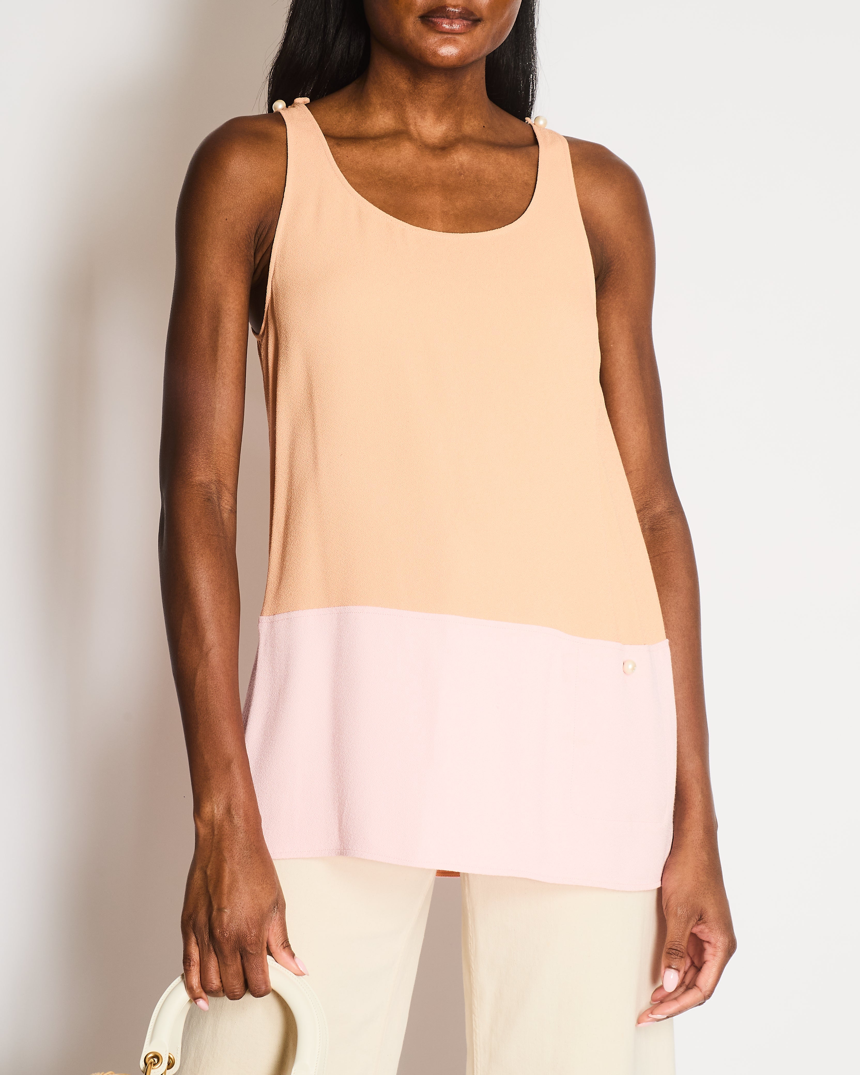 Chanel 14P Pastel Orange and Pink Sleeveless Top with White CC Logo Pearl Details Size FR 36 (UK 8)