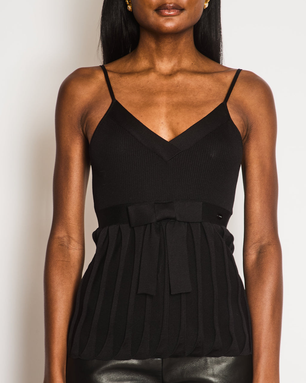 Chanel Black Silk Ribbed Sleeveless Top with Pleats and Front Bow Detail and Black and White Logo Button Size FR 38 (UK 10)