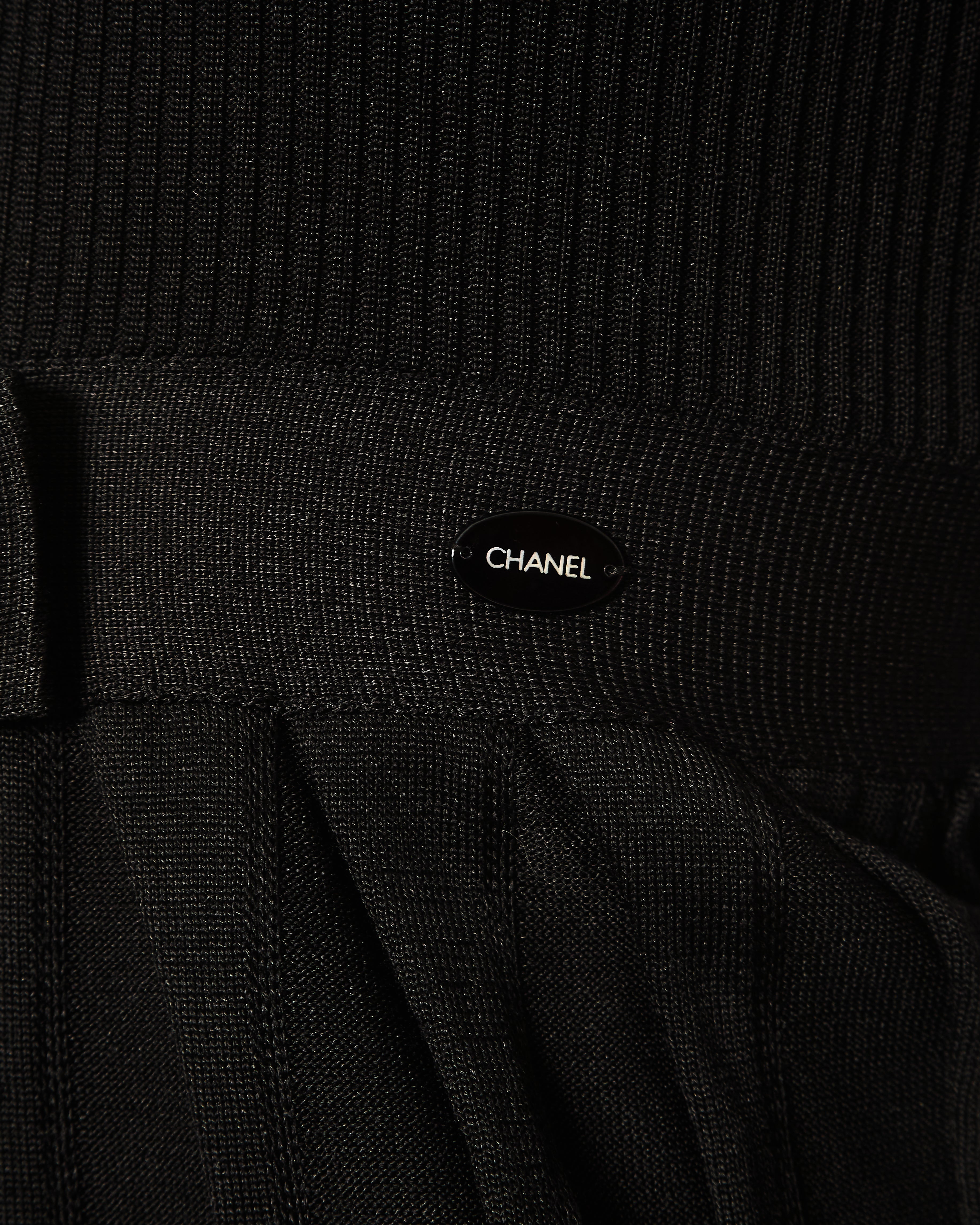 Chanel Black Silk Ribbed Sleeveless Top with Pleats and Front Bow Detail and Black and White Logo Button Size FR 38 (UK 10)