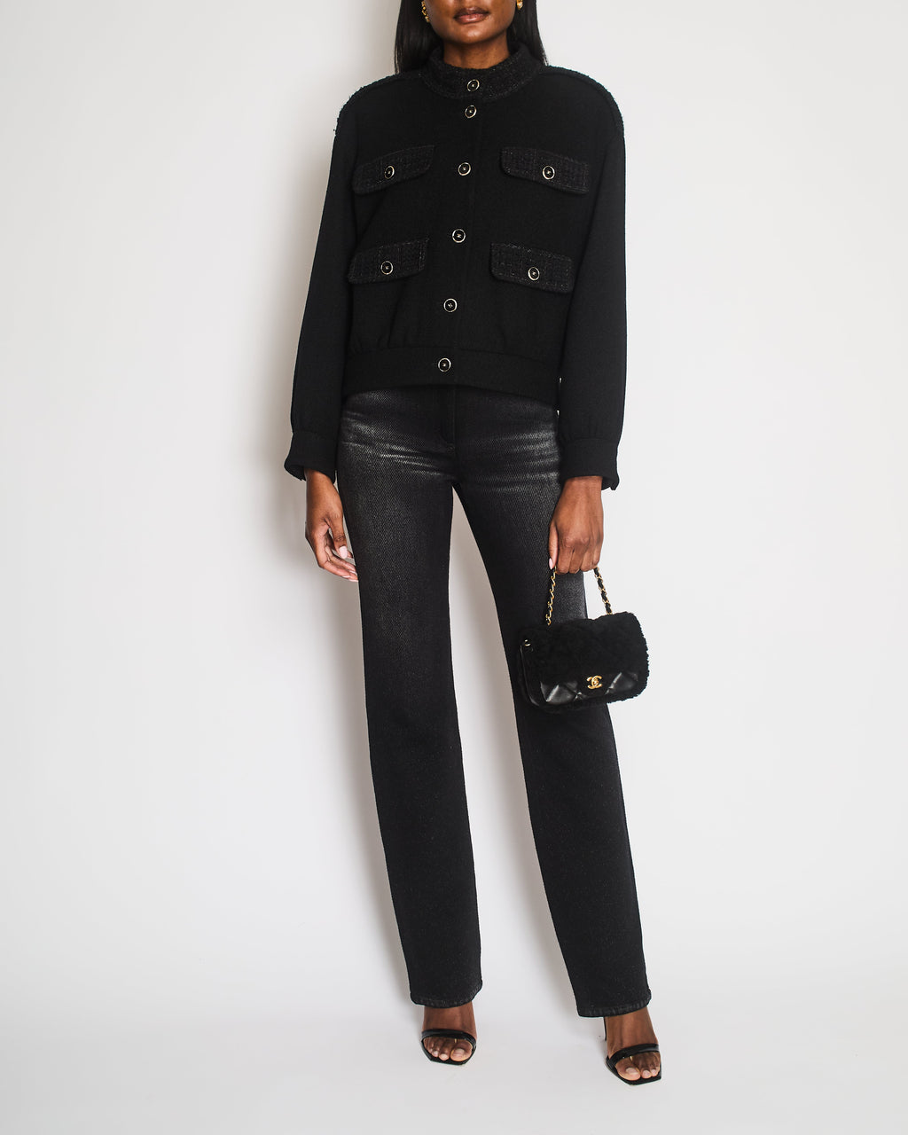 Chanel 24B Coco Neige Black Straight Leg High-Waisted Jeans with Back CC Shearling Logo Detailing and Silver Embellished Button Detail Size FR 34 (UK 6)