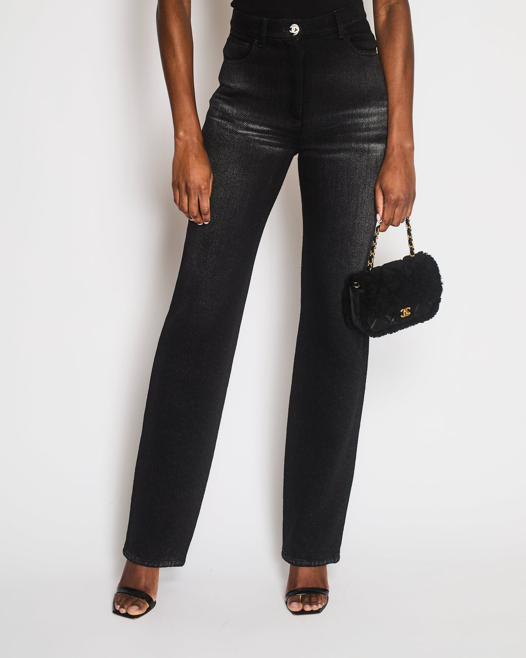 Chanel 24B Coco Neige Black Straight Leg High-Waisted Jeans with Back CC Shearling Logo Detailing and Silver Embellished Button Detail Size FR 34 (UK 6)