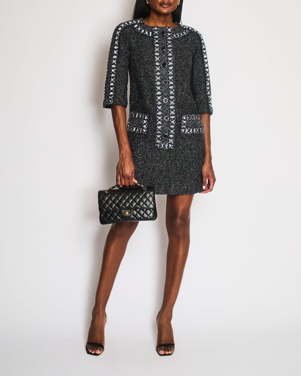 Chanel Paris/Rome 2016 Métiers D’Art Black Tweed Mid-Sleeve Pocket Dress Size FR 36 (UK 8)