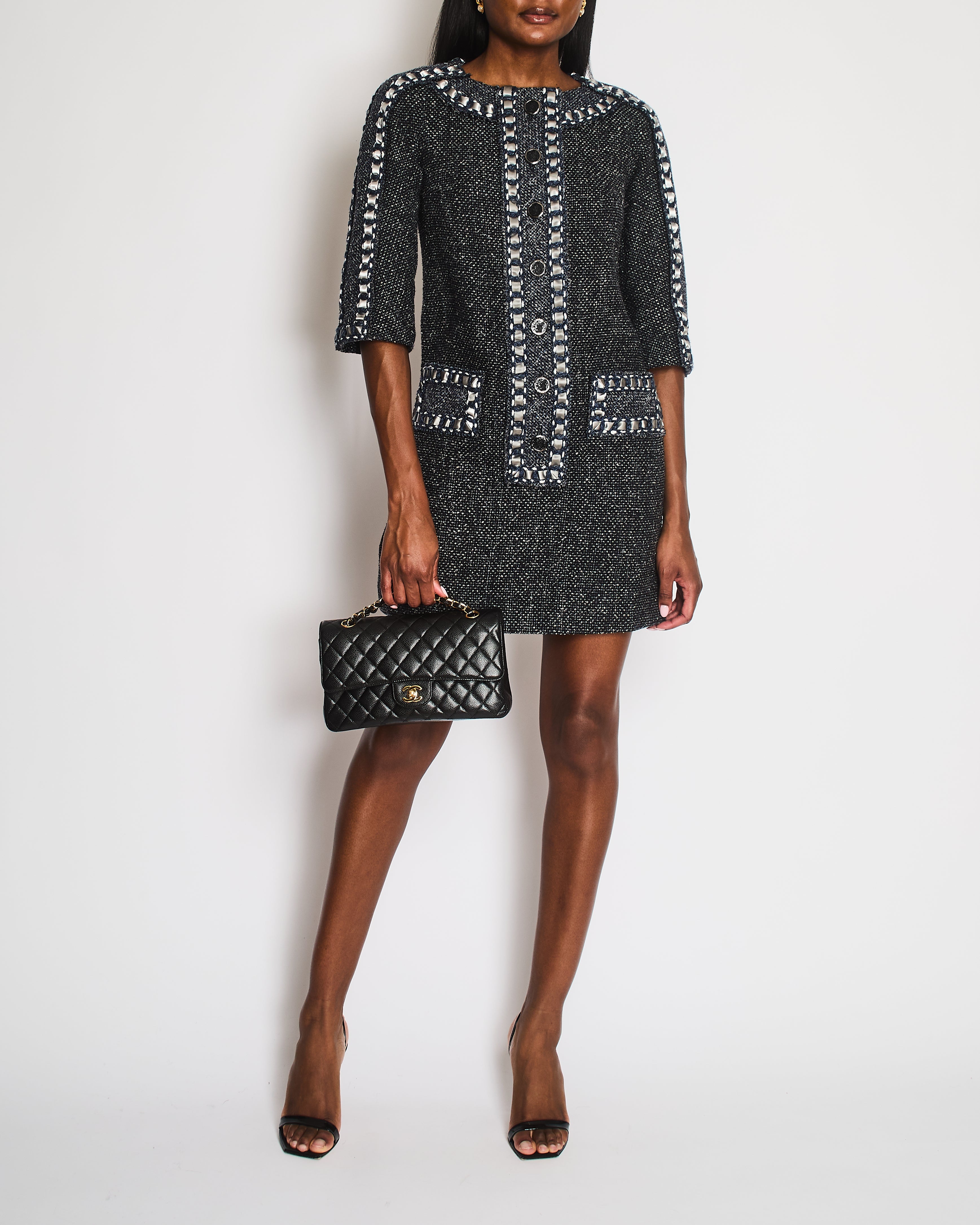 Chanel Paris/Rome 2016 Métiers D’Art Black Tweed Mid-Sleeve Pocket Dress Size FR 36 (UK 8)