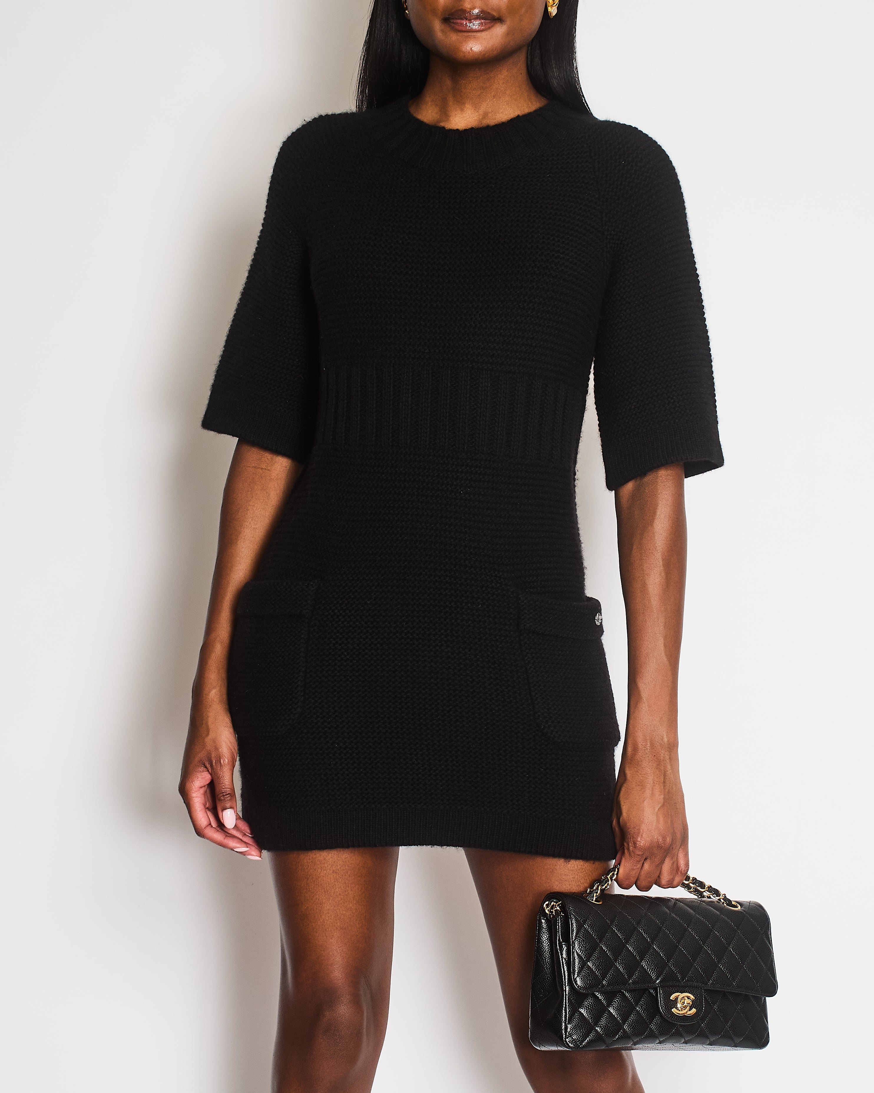 Chanel Black Wool Knitted Short-Sleeved Mini Dress with Front Pockets and Silver Textured CC Logo Button Detail Size FR 34 (UK 6)