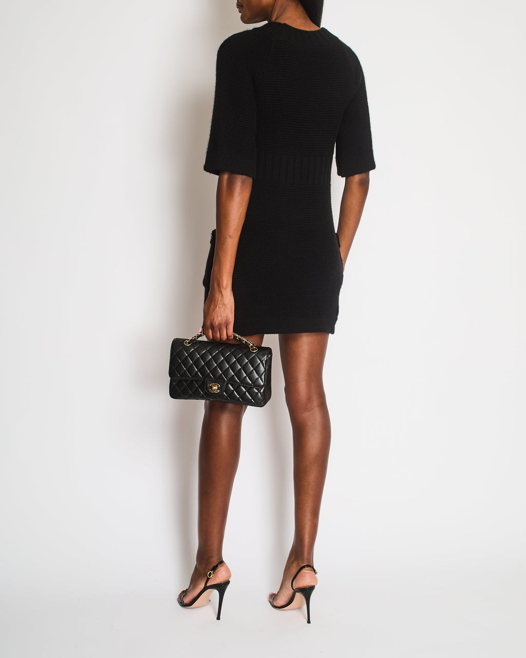 Chanel Black Wool Knitted Short-Sleeved Mini Dress with Front Pockets and Silver Textured CC Logo Button Detail Size FR 34 (UK 6)