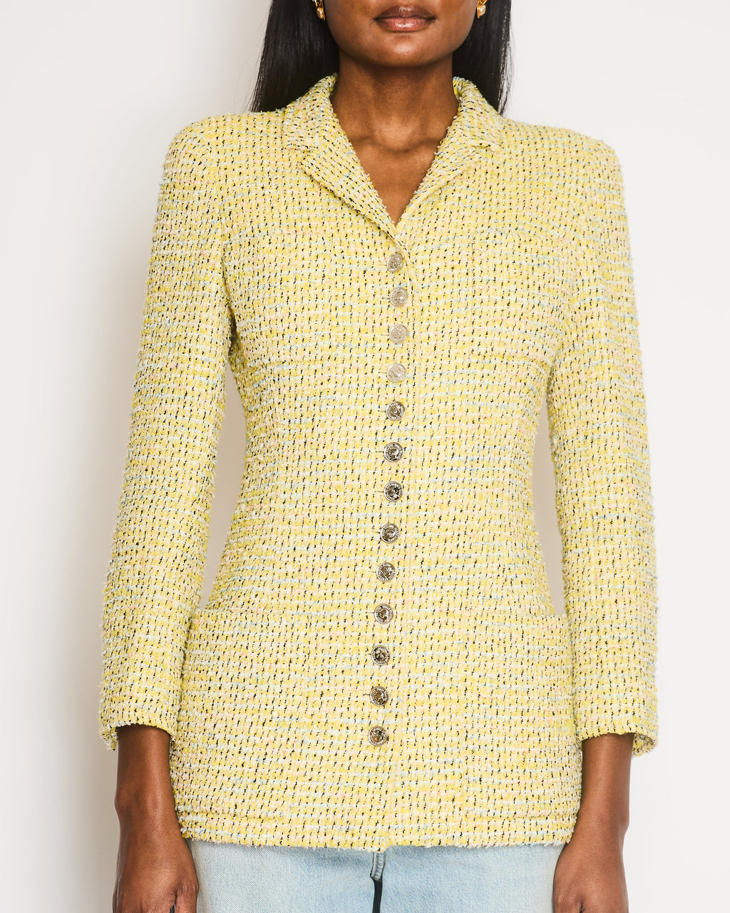 Chanel Vintage 96P Yellow and Multi-Colour Tweed Jacket with Silver Polished CC Logo Buttons and Front Pocket Details Size FR 38 (UK 10)