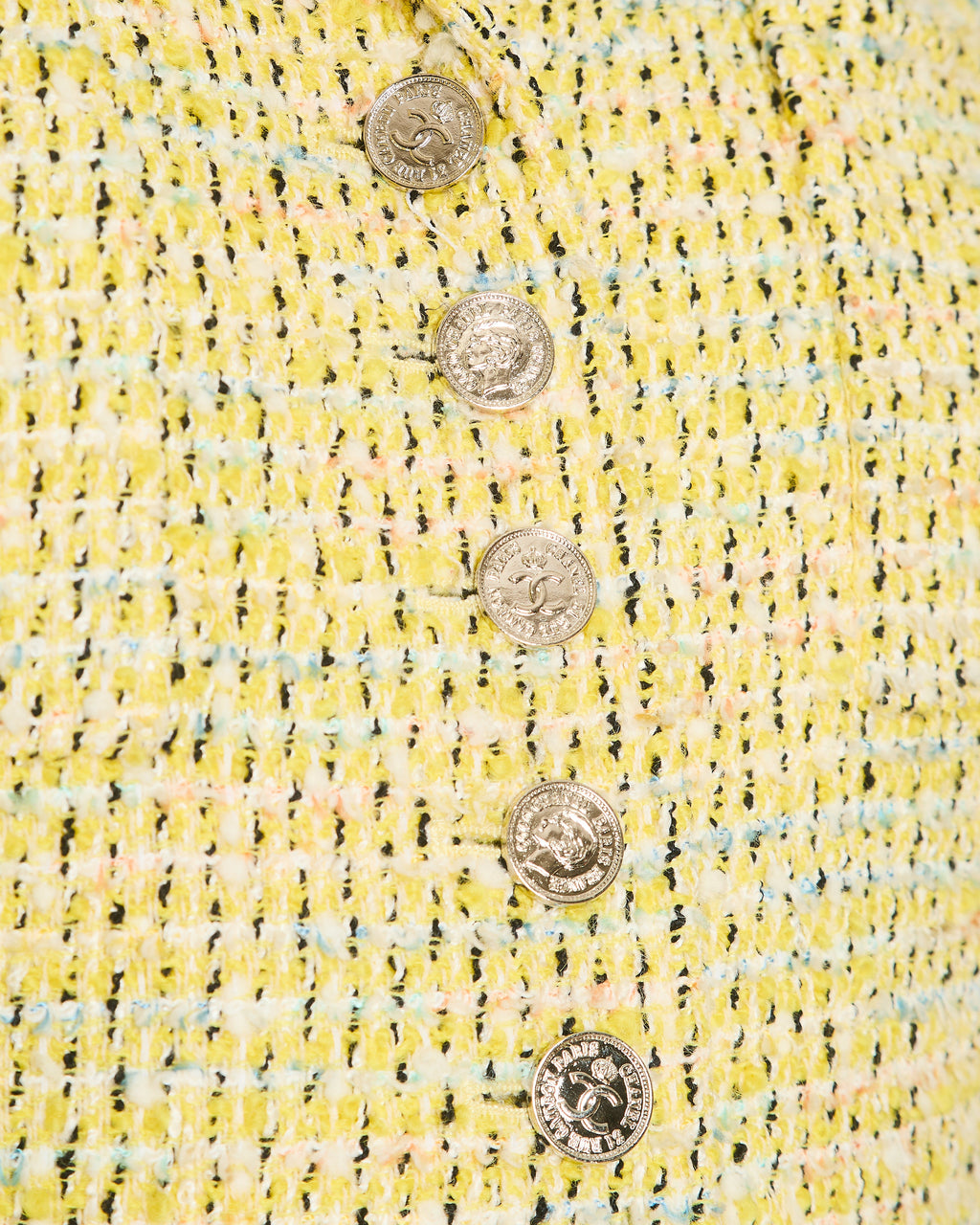 Chanel Vintage 96P Yellow and Multi-Colour Tweed Jacket with Silver Polished CC Logo Buttons and Front Pocket Details Size FR 38 (UK 10)
