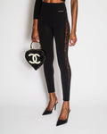 Chanel Black Leggings with Perforated Side Bands Details and White Logo Print Size XS (UK 6)