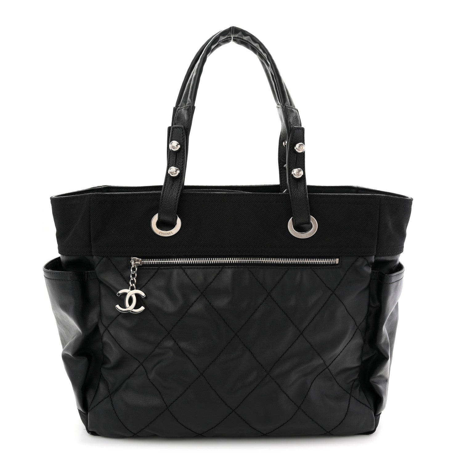 Chanel Coated Canvas Quilted Large Paris Biarritz Tote Black