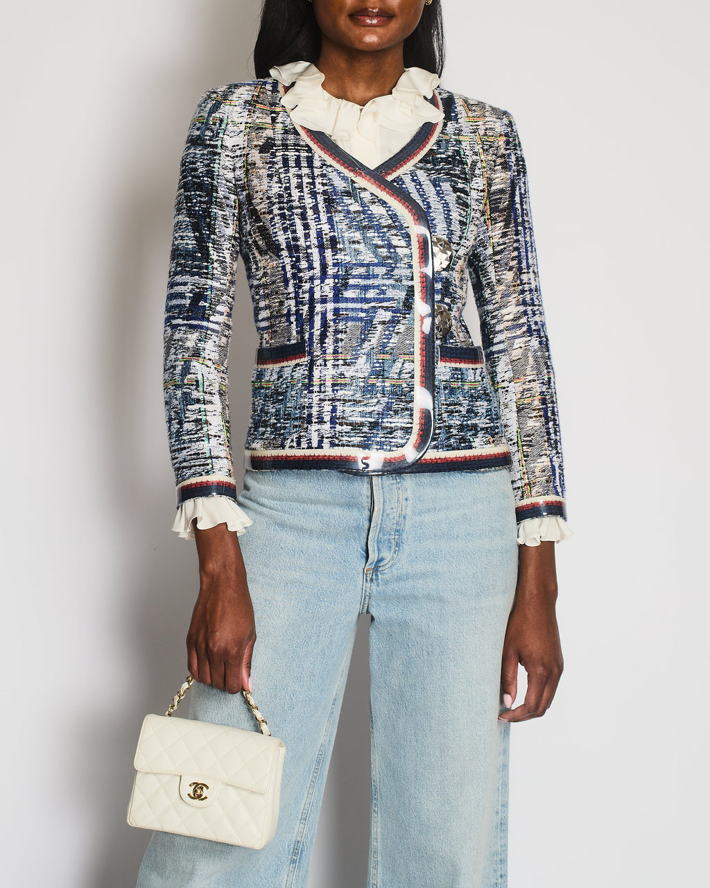 Chanel Spring 2016 White and Blue Vintage Tweed Jacket with Silver CC Logo Buttons Size FR 34 (UK 6)