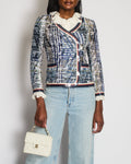 Chanel Spring 2016 White and Blue Vintage Tweed Jacket with Silver CC Logo Buttons Size FR 34 (UK 6)