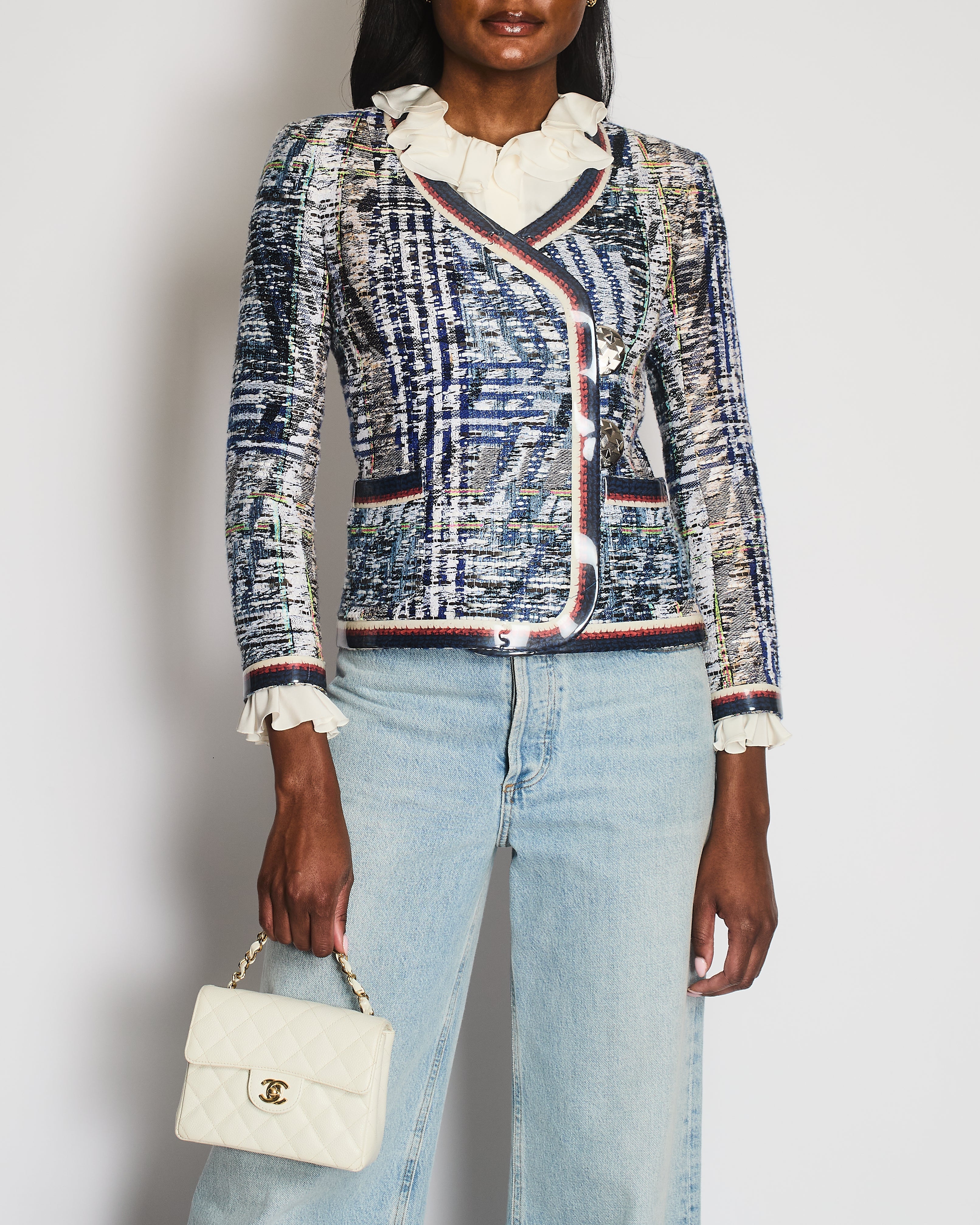 Chanel Spring 2016 White and Blue Vintage Tweed Jacket with Silver CC Logo Buttons Size FR 34 (UK 6)