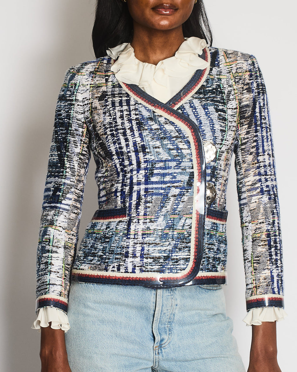 Chanel Spring 2016 White and Blue Vintage Tweed Jacket with Silver CC Logo Buttons Size FR 34 (UK 6)