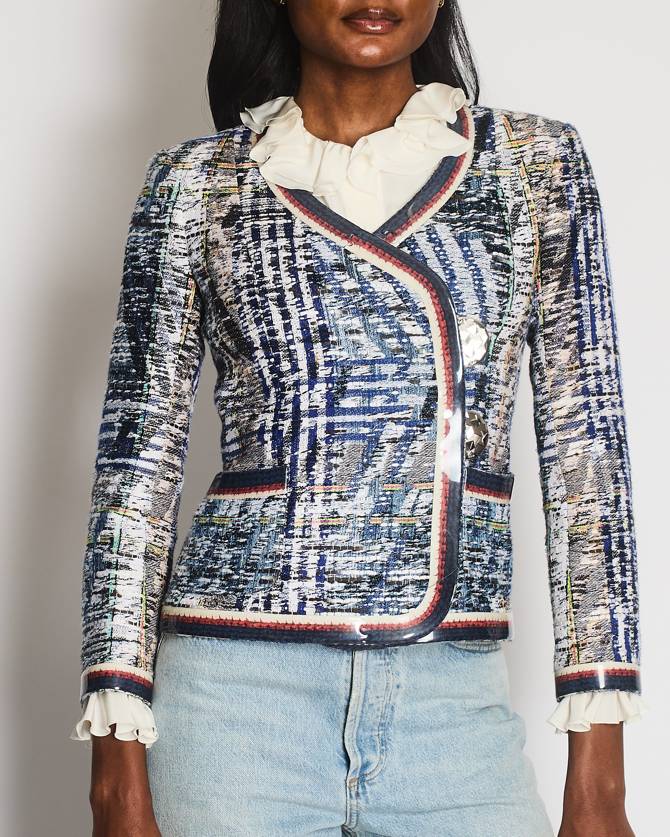 Chanel Spring 2016 White and Blue Vintage Tweed Jacket with Silver CC Logo Buttons Size FR 34 (UK 6)
