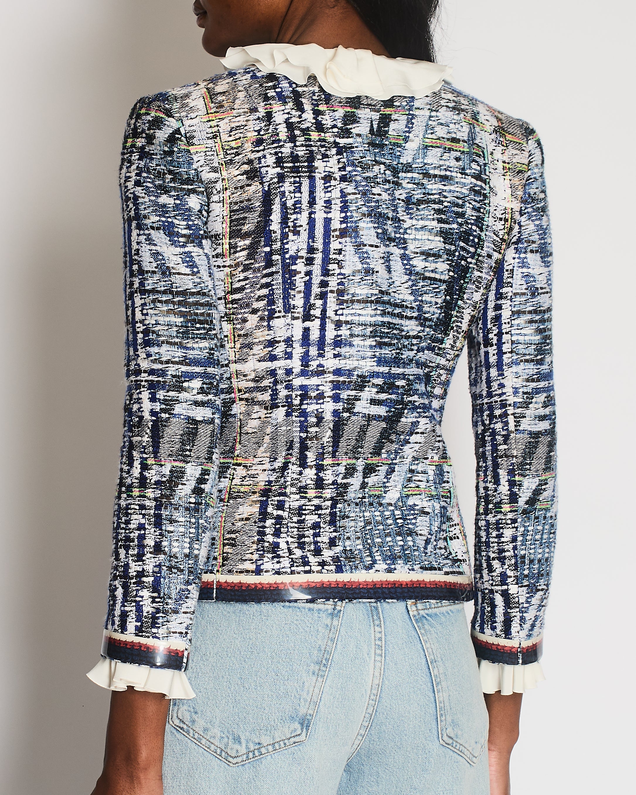 Chanel Spring 2016 White and Blue Vintage Tweed Jacket with Silver CC Logo Buttons Size FR 34 (UK 6)