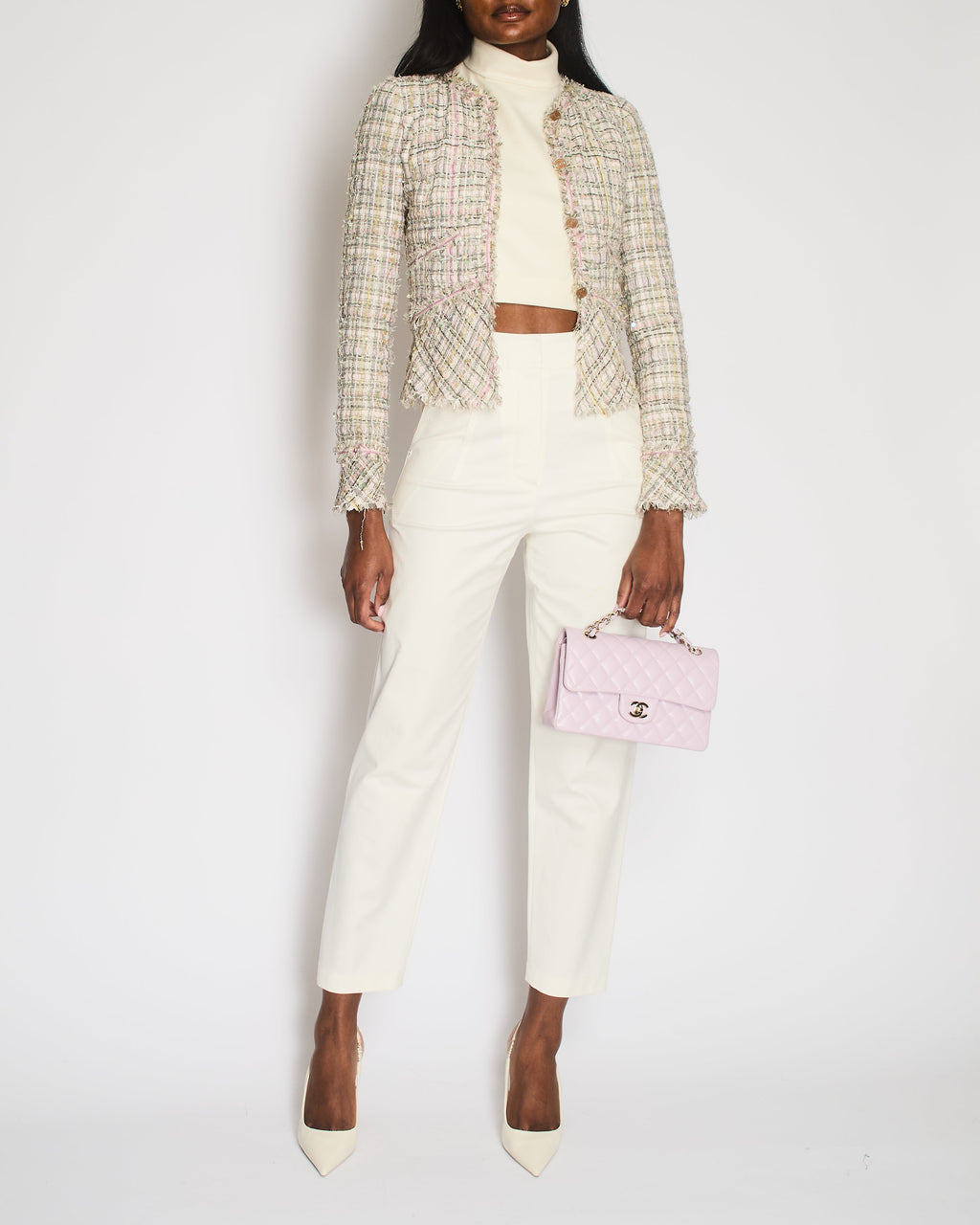 Chanel Vintage 05P Pastel Pink, Purple and Green Tweed Jacket with Coco CC Buttons Size FR 34 (UK 6)