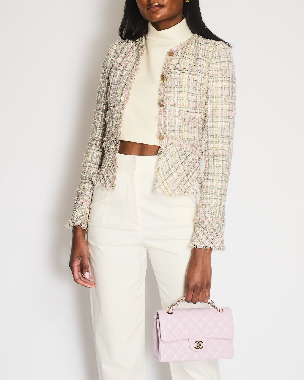 Chanel Vintage 05P Pastel Pink, Purple and Green Tweed Jacket with Coco CC Buttons Size FR 34 (UK 6)
