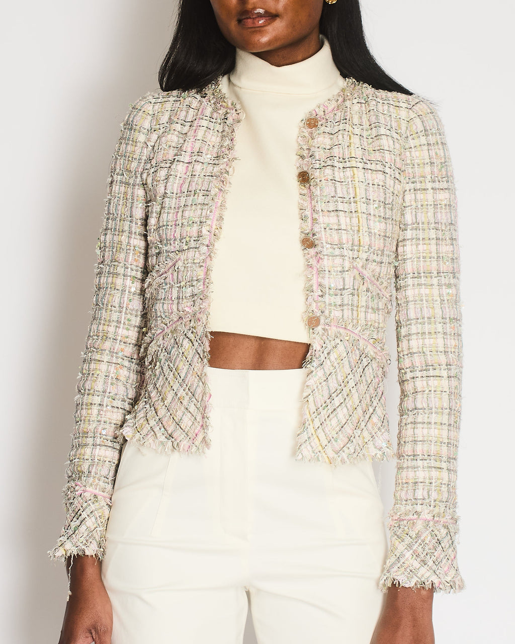 Chanel Vintage 05P Pastel Pink, Purple and Green Tweed Jacket with Coco CC Buttons Size FR 34 (UK 6)