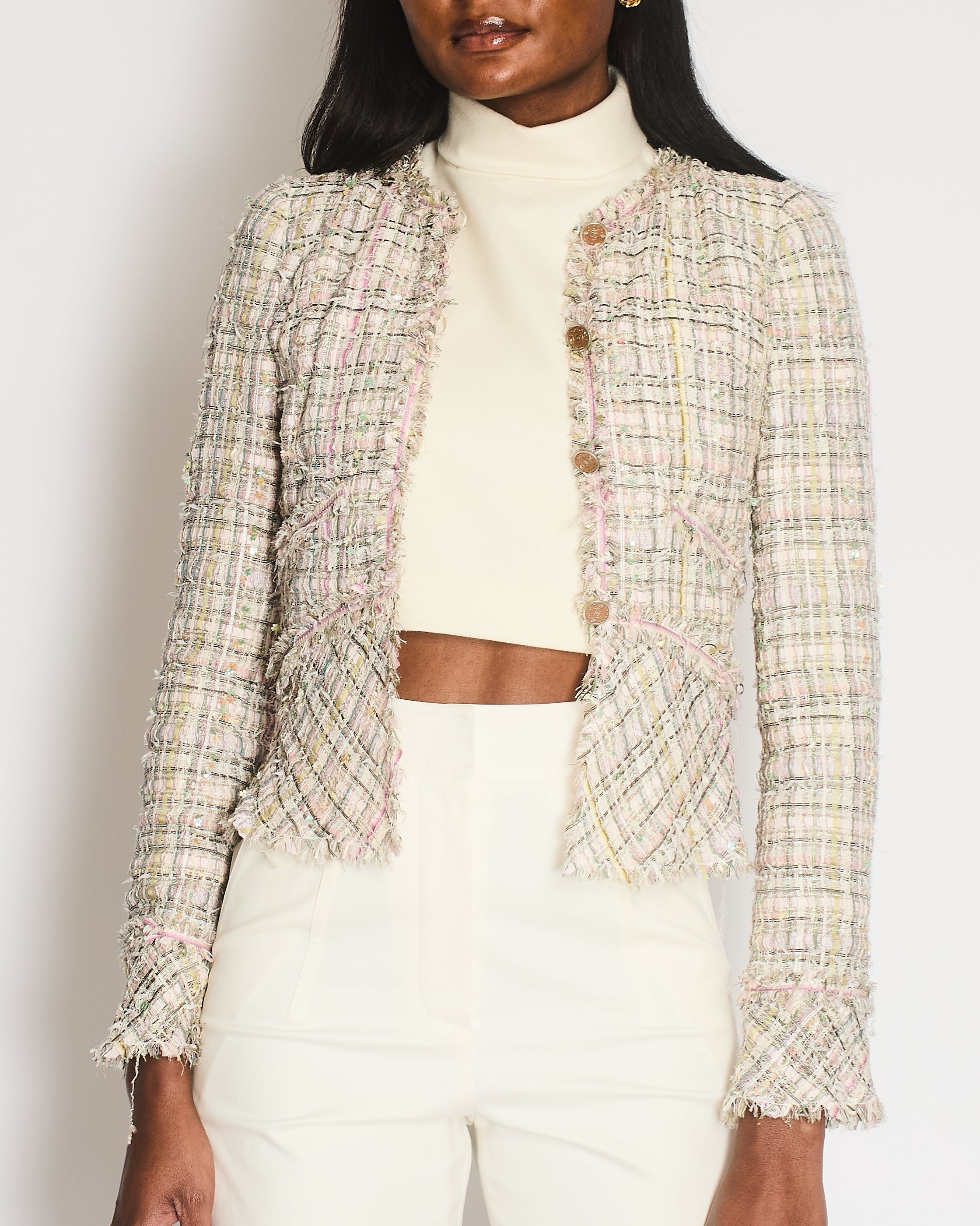 Chanel Vintage 05P Pastel Pink, Purple and Green Tweed Jacket with Coco CC Buttons Size FR 34 (UK 6)
