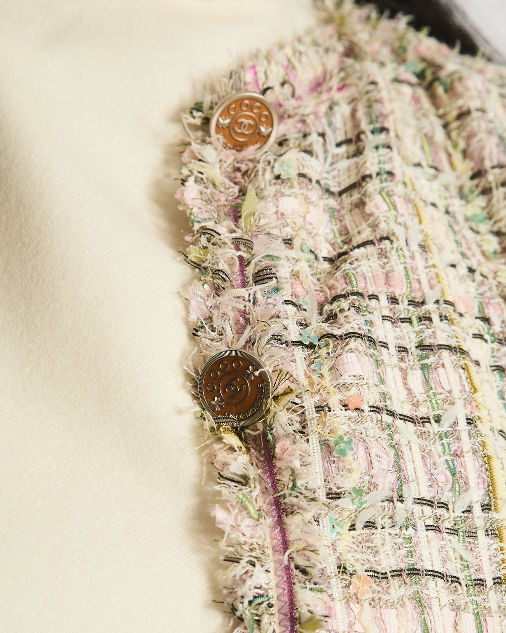 Chanel Vintage 05P Pastel Pink, Purple and Green Tweed Jacket with Coco CC Buttons Size FR 34 (UK 6)