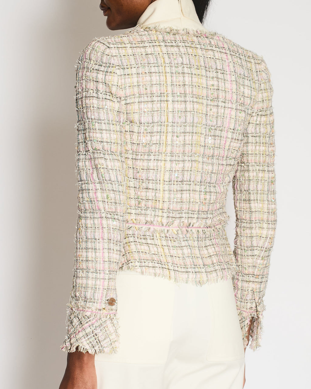 Chanel Vintage 05P Pastel Pink, Purple and Green Tweed Jacket with Coco CC Buttons Size FR 34 (UK 6)