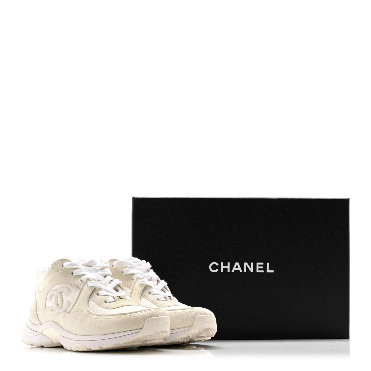 Chanel Suede Calfskin Fabric CC Sneakers 39.5 White