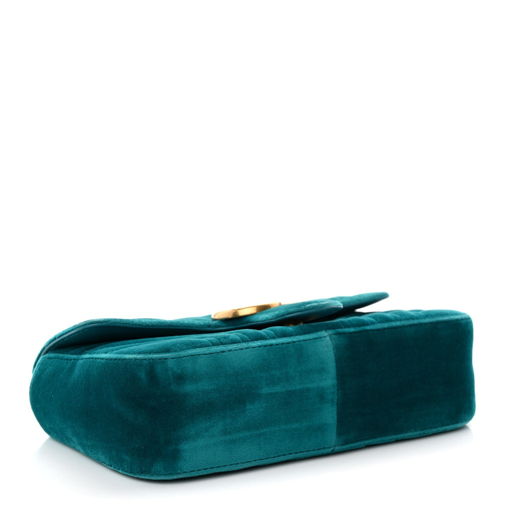 Gucci Velvet Matelasse Mini GG Marmont Shoulder Bag Pavone Cyan