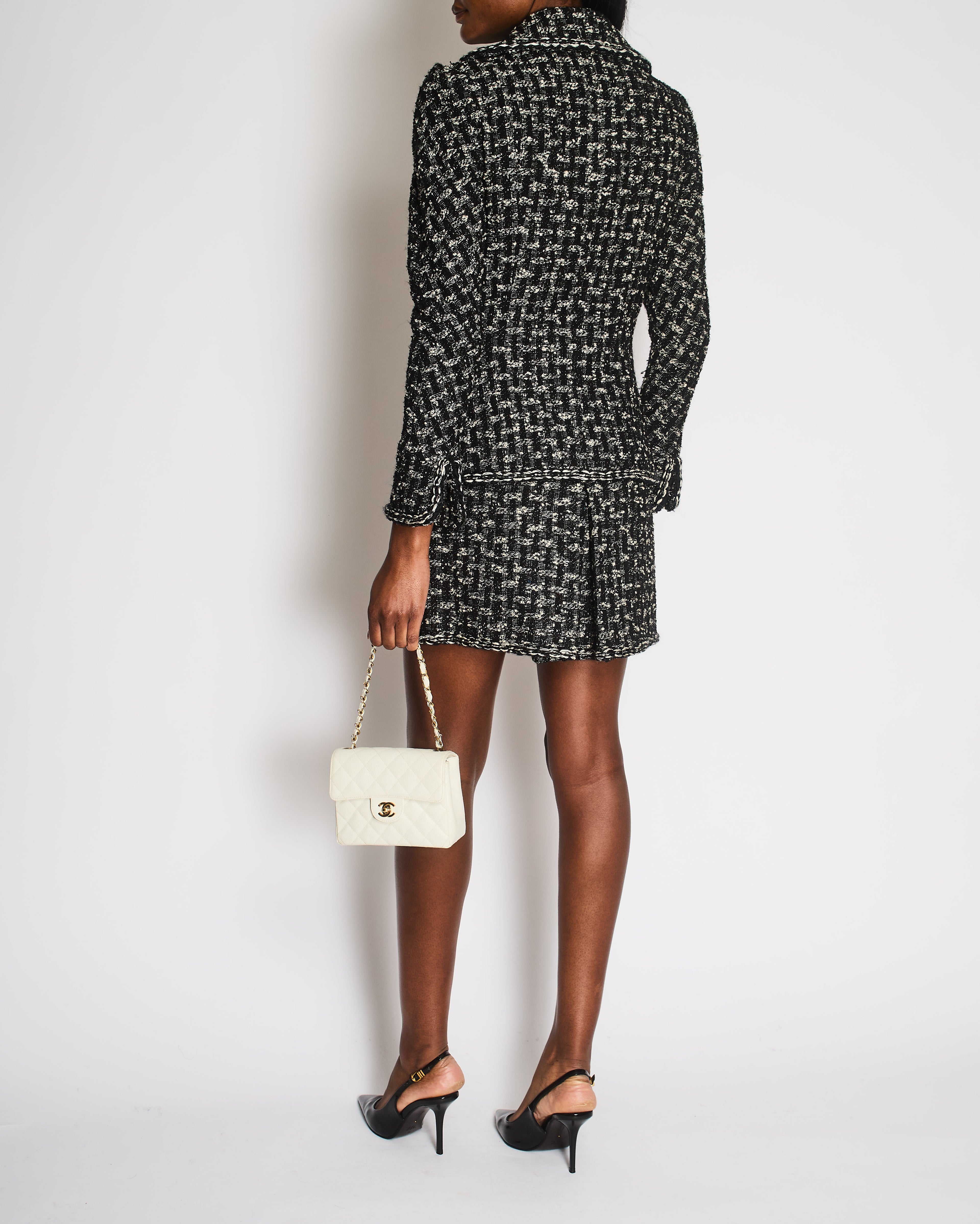 Chanel 13A Black and White Tweed Collar Jacket and Skirt Set with CC Logo Button Detail Size FR 38 (UK 10)