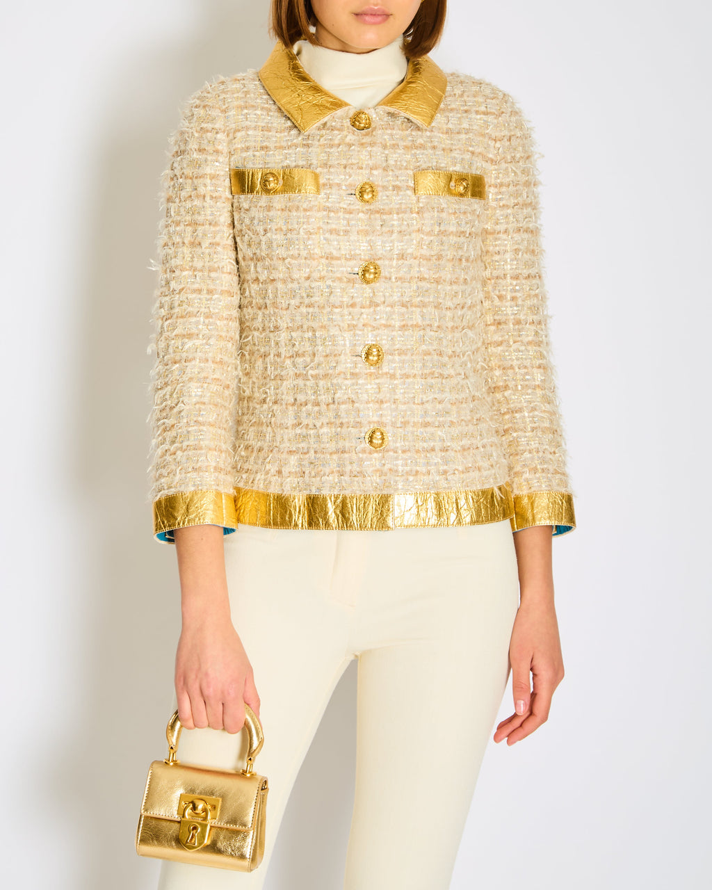 *HOT* Chanel 19F Egyptian Gold Pineapple and Beige Jacket with Antique Gold Buttons and Pockets Detailing Size FR 34 (UK 6)